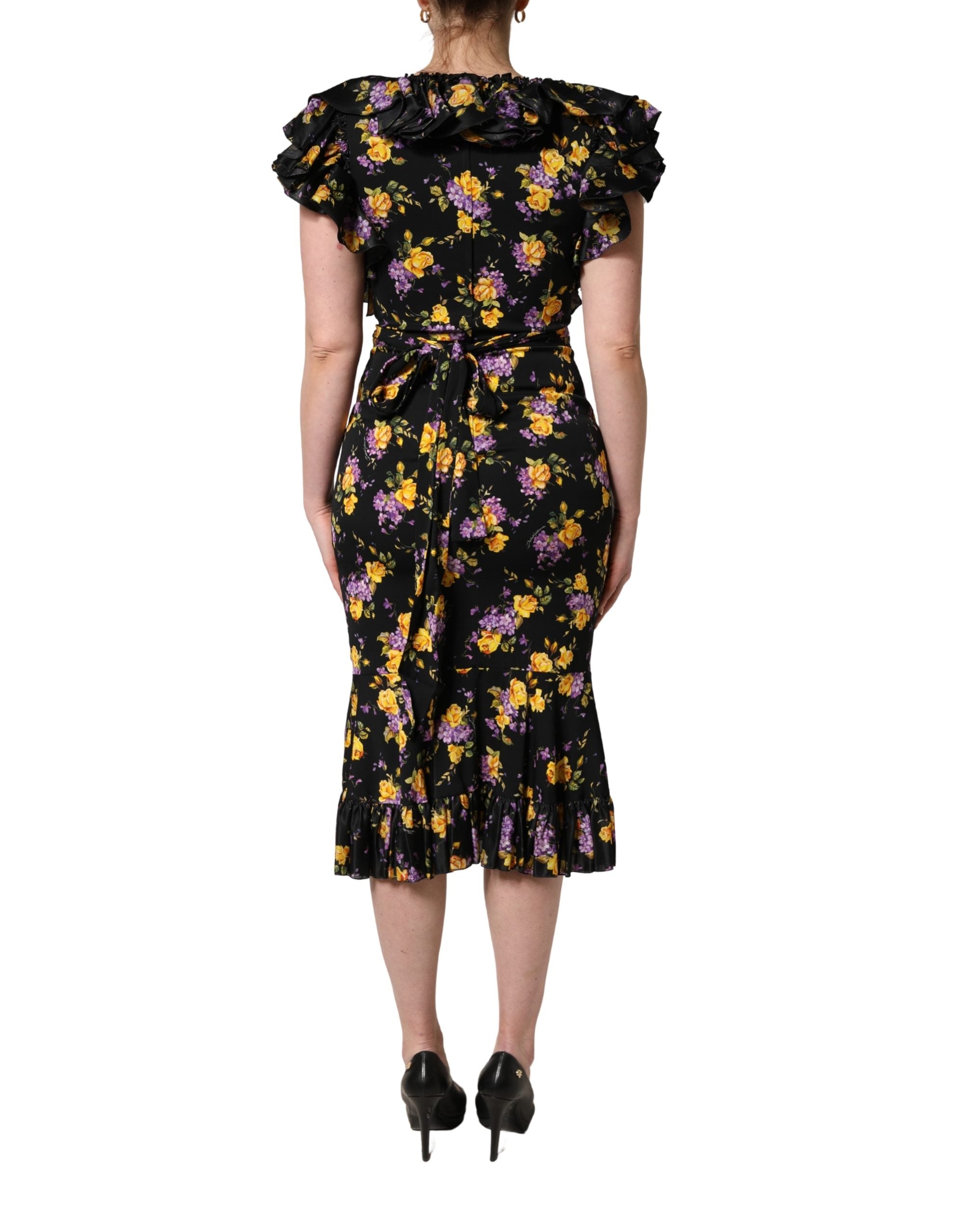 Dolce & Gabbana Black Purple Crystal Brooch Silk Midi Dress Dolce & Gabbana