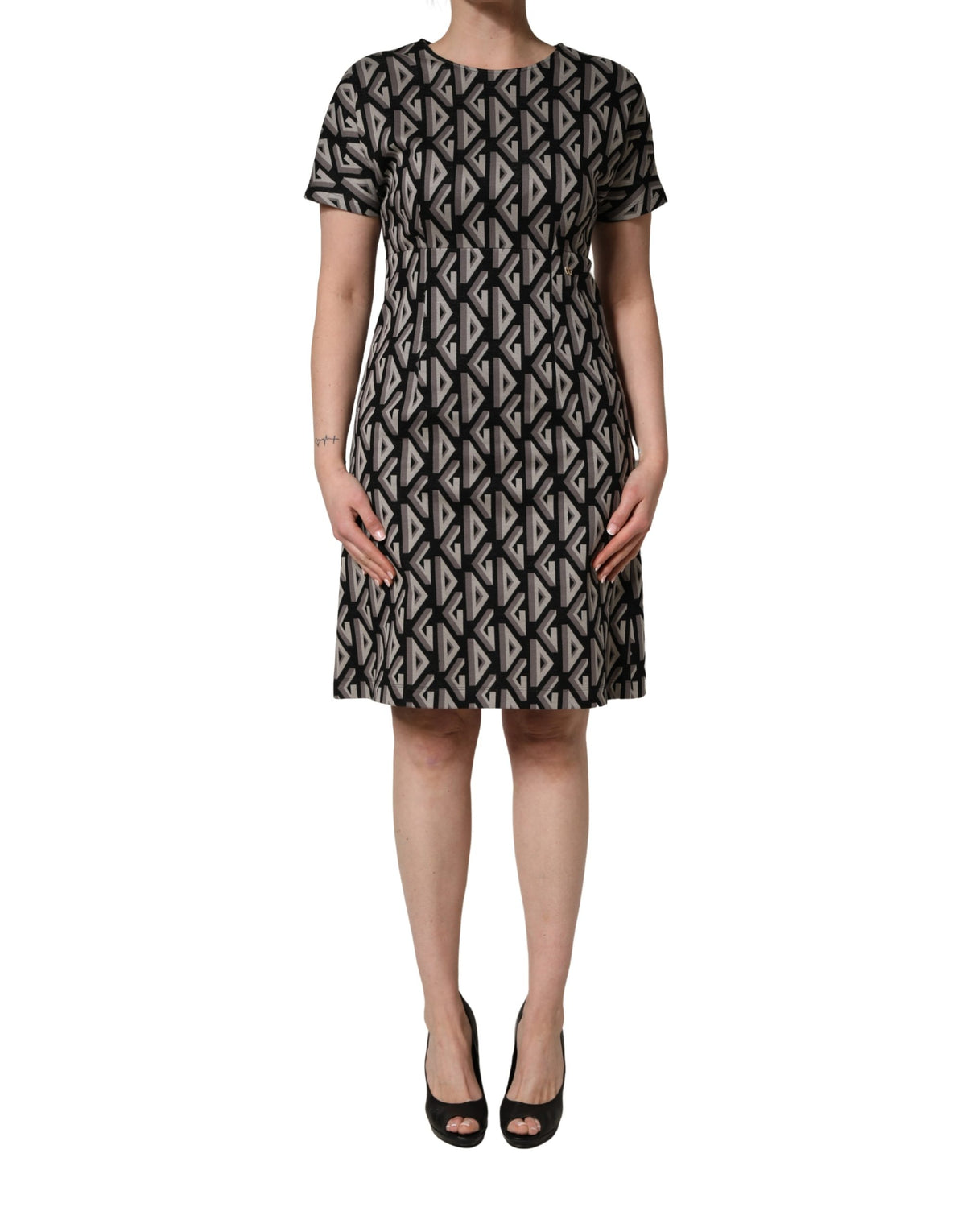Dolce & Gabbana Black Logo Print Cotton Knee Length Dress