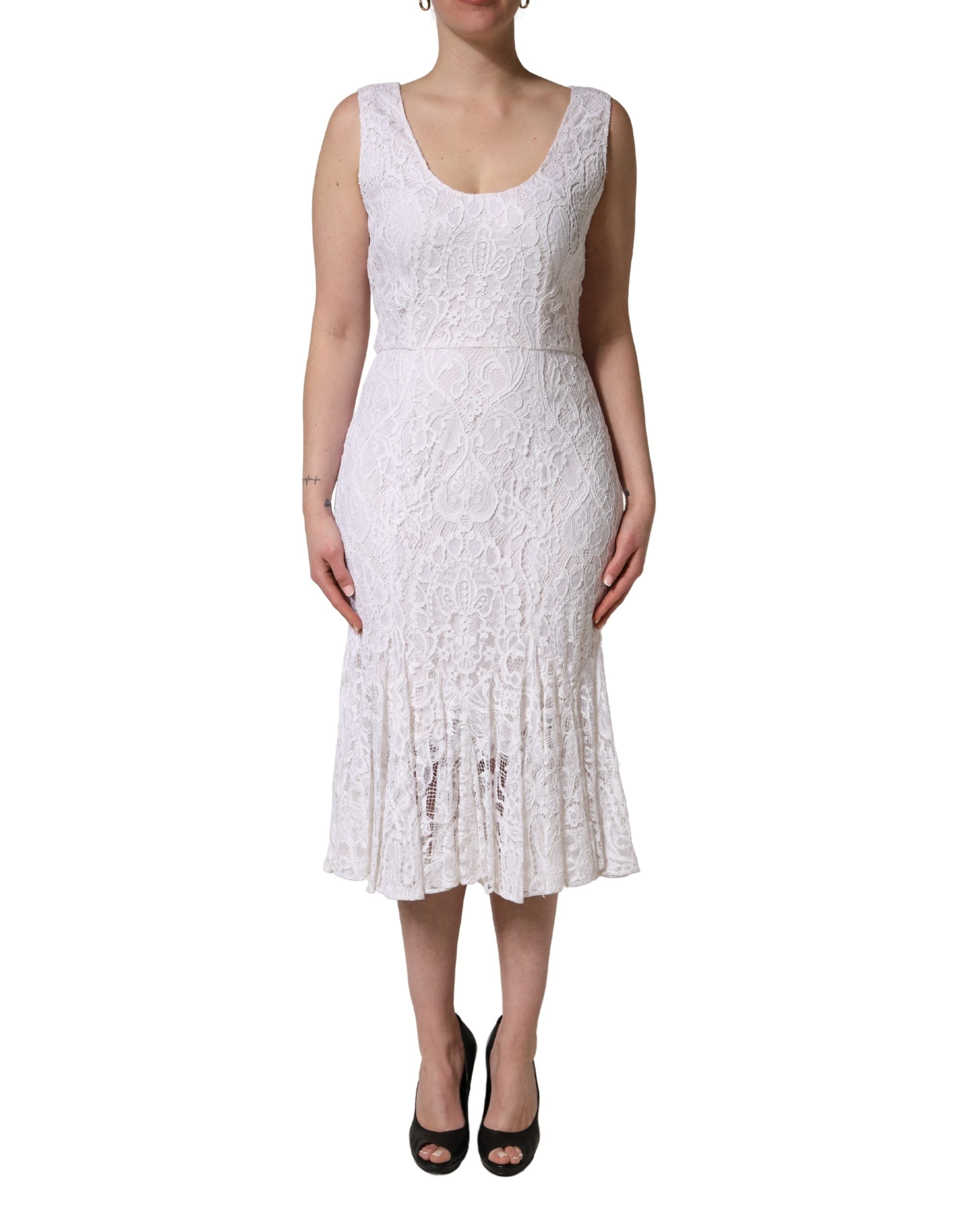 Dolce & Gabbana White Floral Lace Sleeveless Midi Dress Dolce & Gabbana