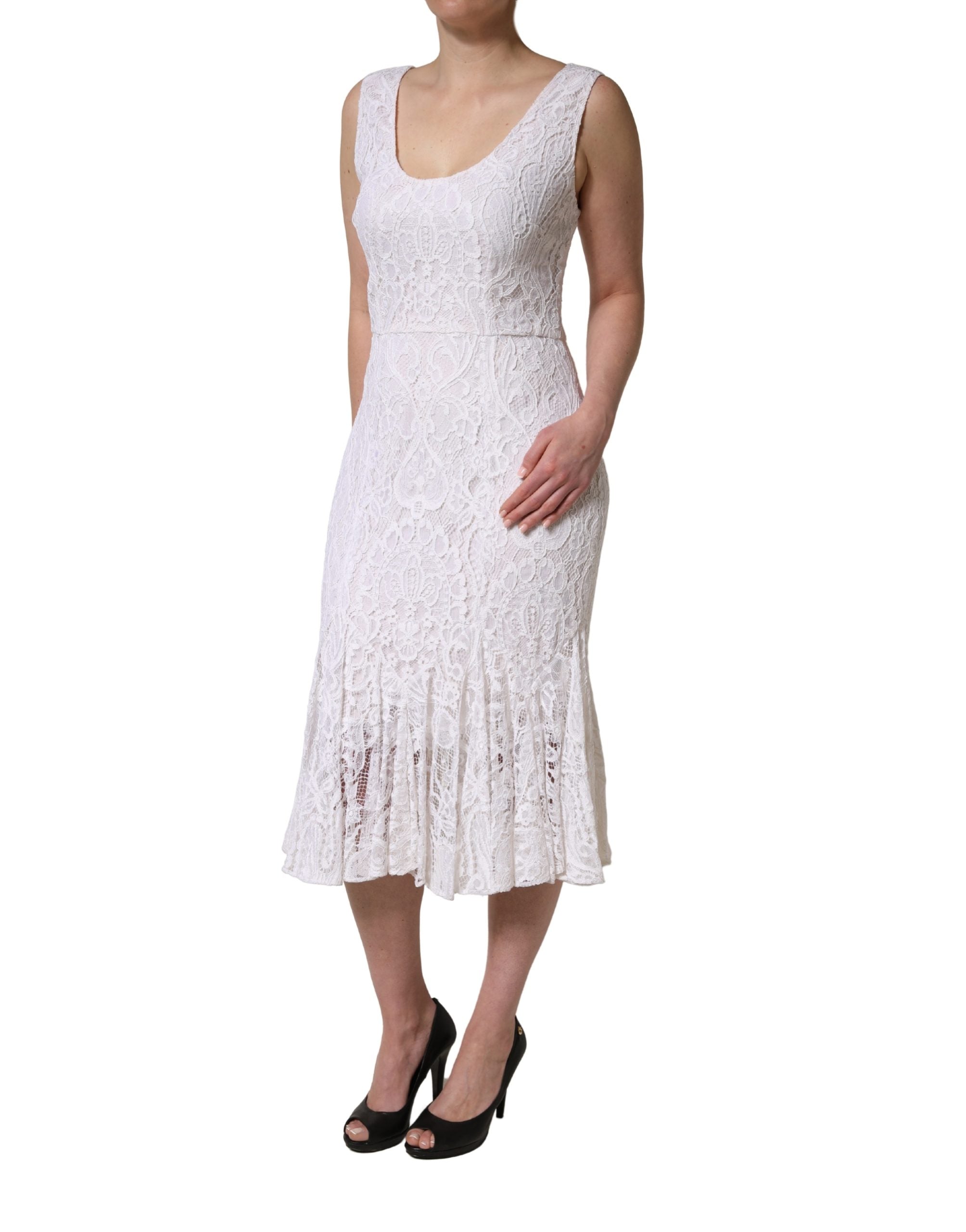 Dolce & Gabbana White Floral Lace Sleeveless Midi Dress Dolce & Gabbana