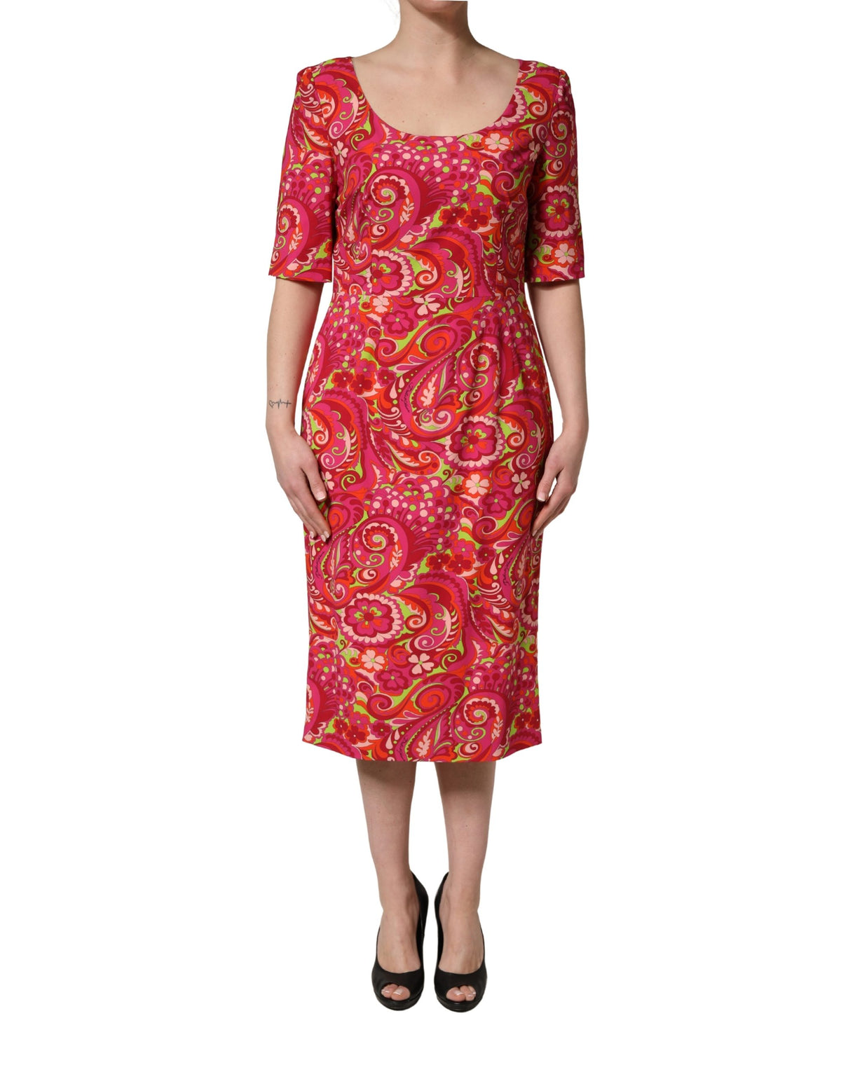 Dolce & Gabbana Red Paisley Floral Print Sheath Midi Dress