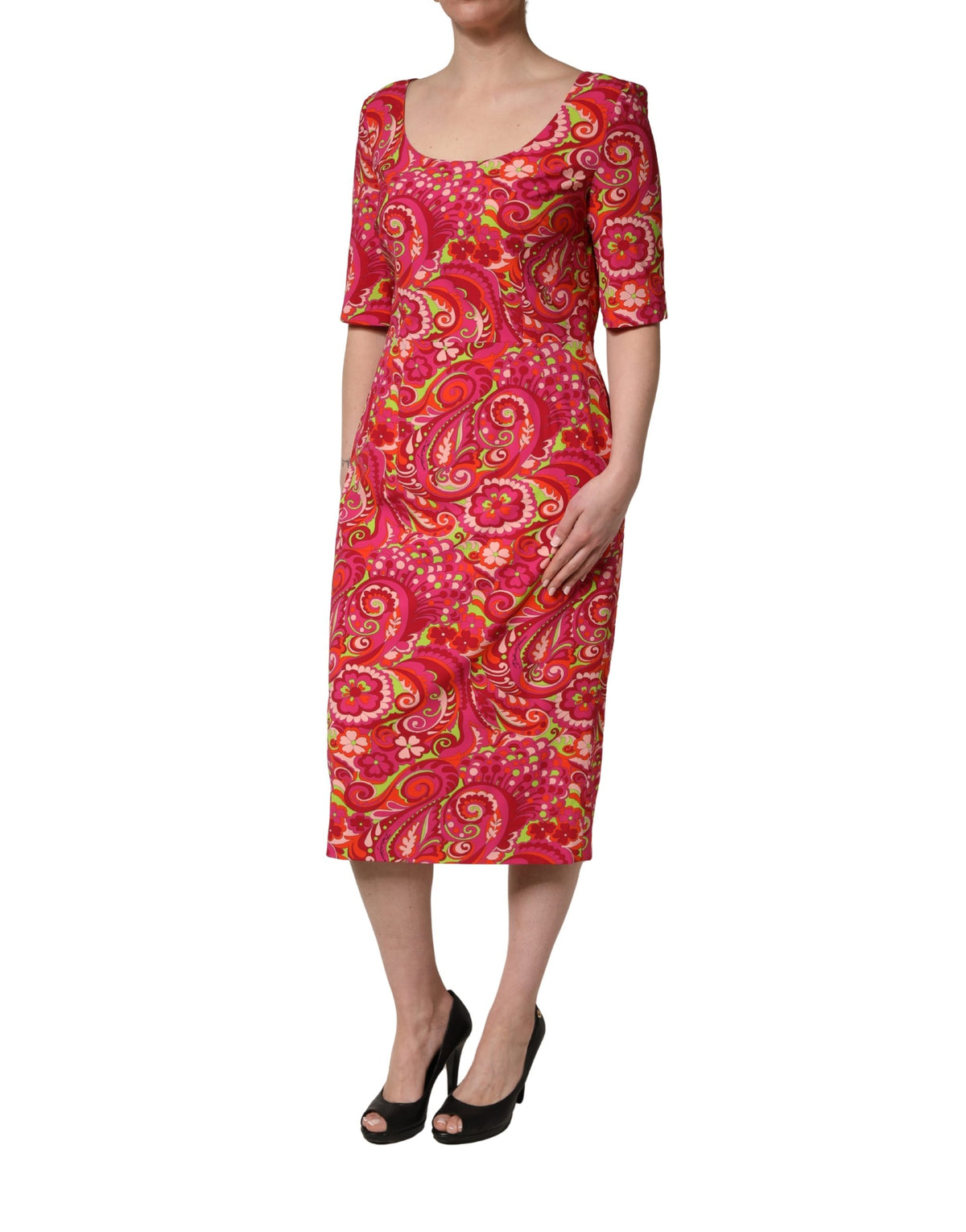 Dolce & Gabbana Red Paisley Floral Print Sheath Midi Dress