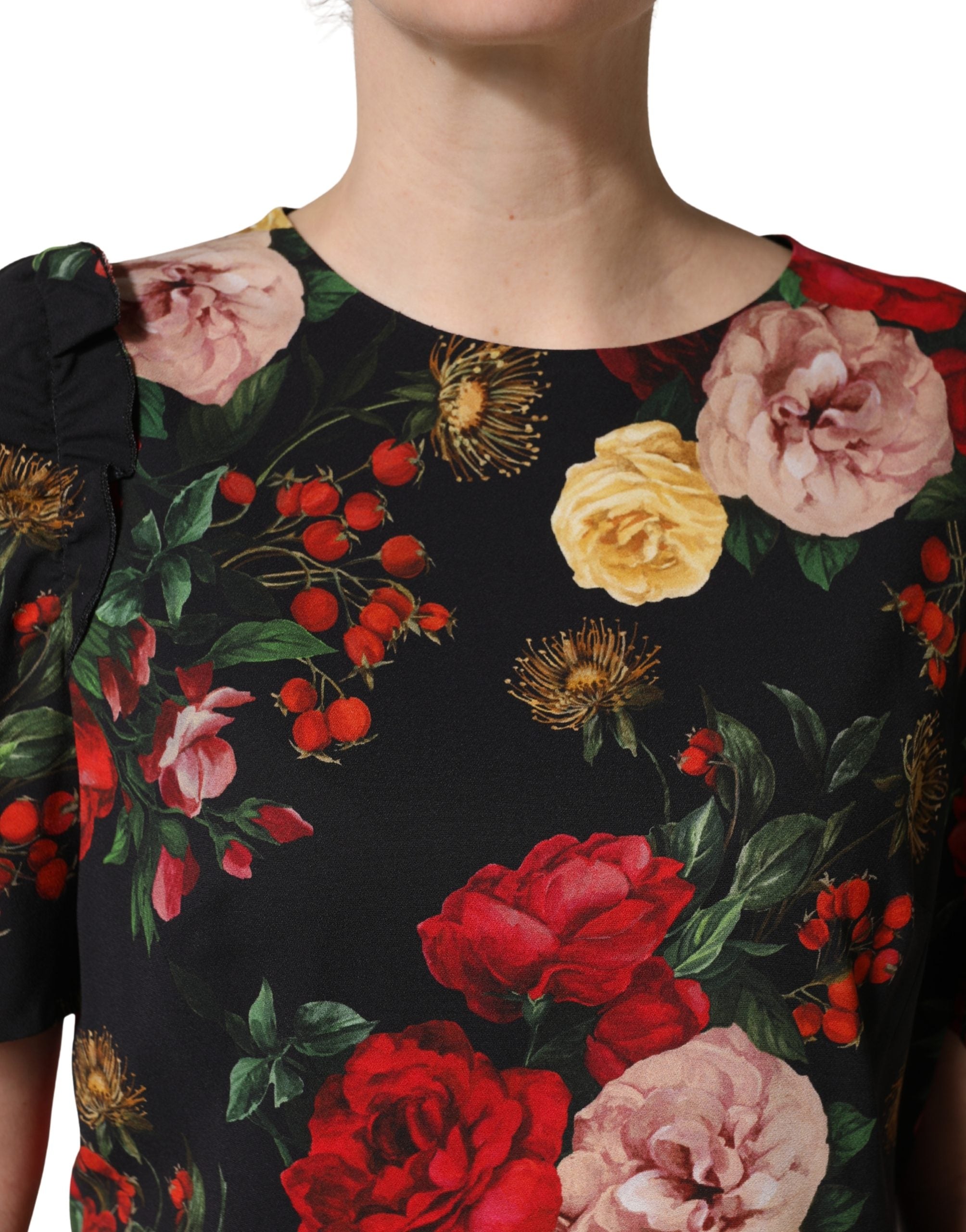 Dolce & Gabbana Black Floral Crepe Frill Detail Blouse Top Dolce & Gabbana