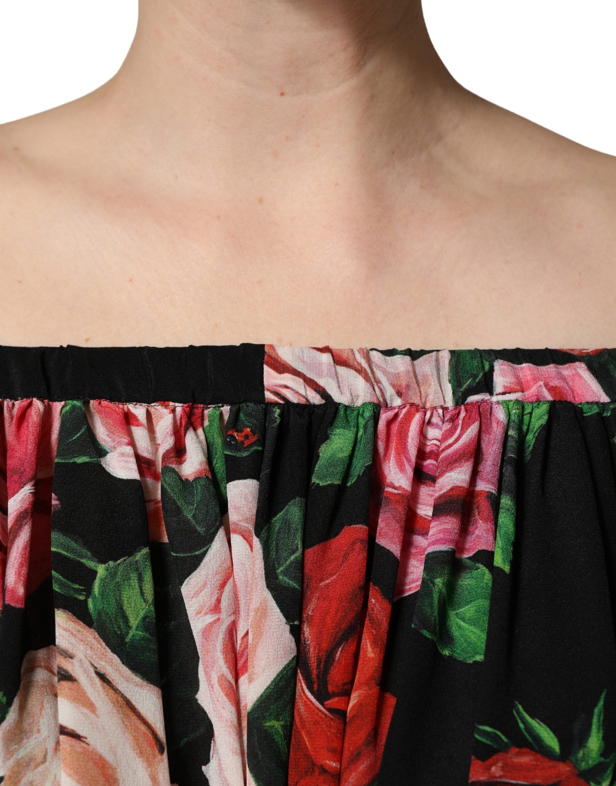 Dolce & Gabbana Black Rose Print Silk Off The Shoulder Blouse Top Dolce & Gabbana
