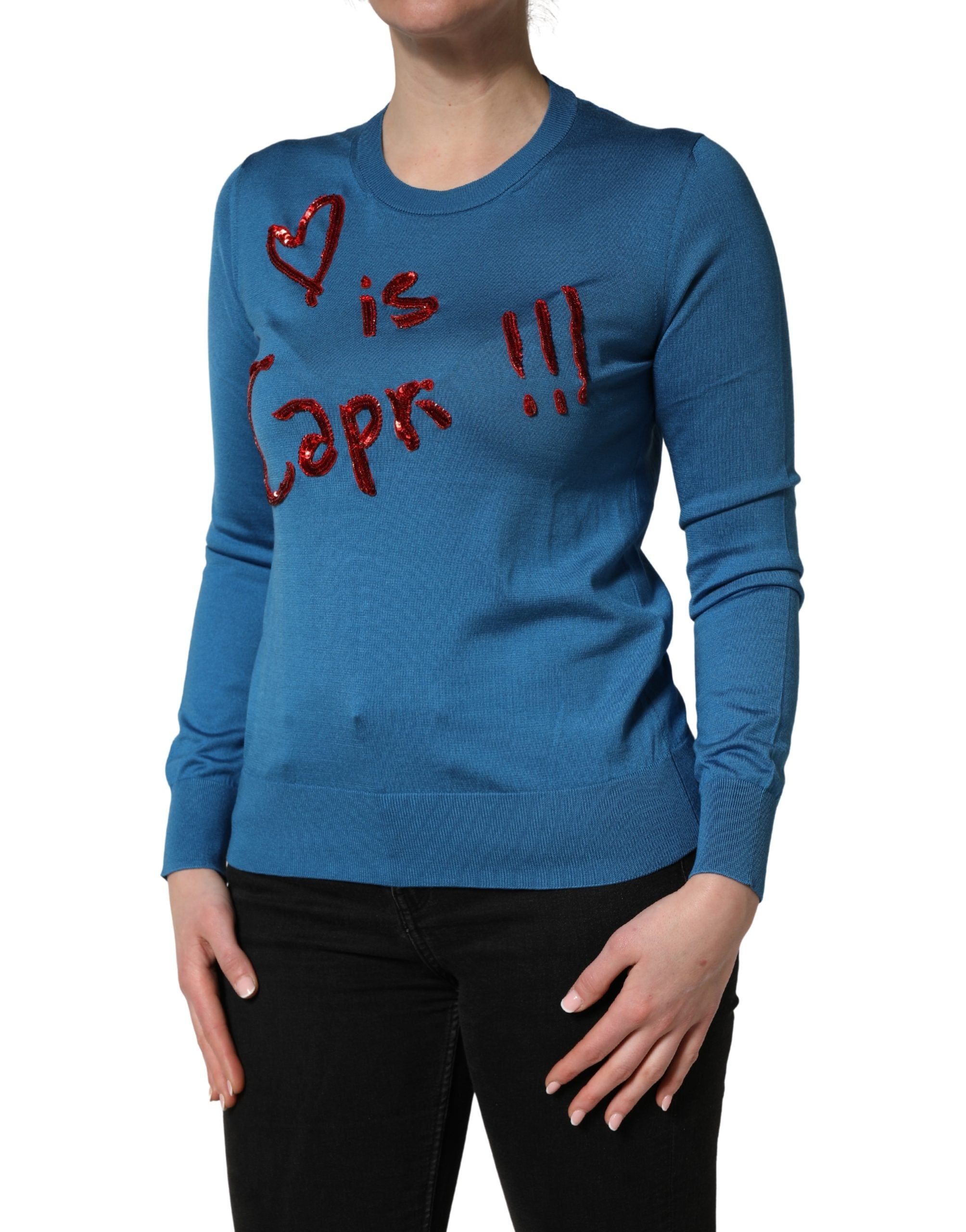 Dolce & Gabbana Blue Silk Sequined CrewNeck Pullover Sweater Dolce & Gabbana