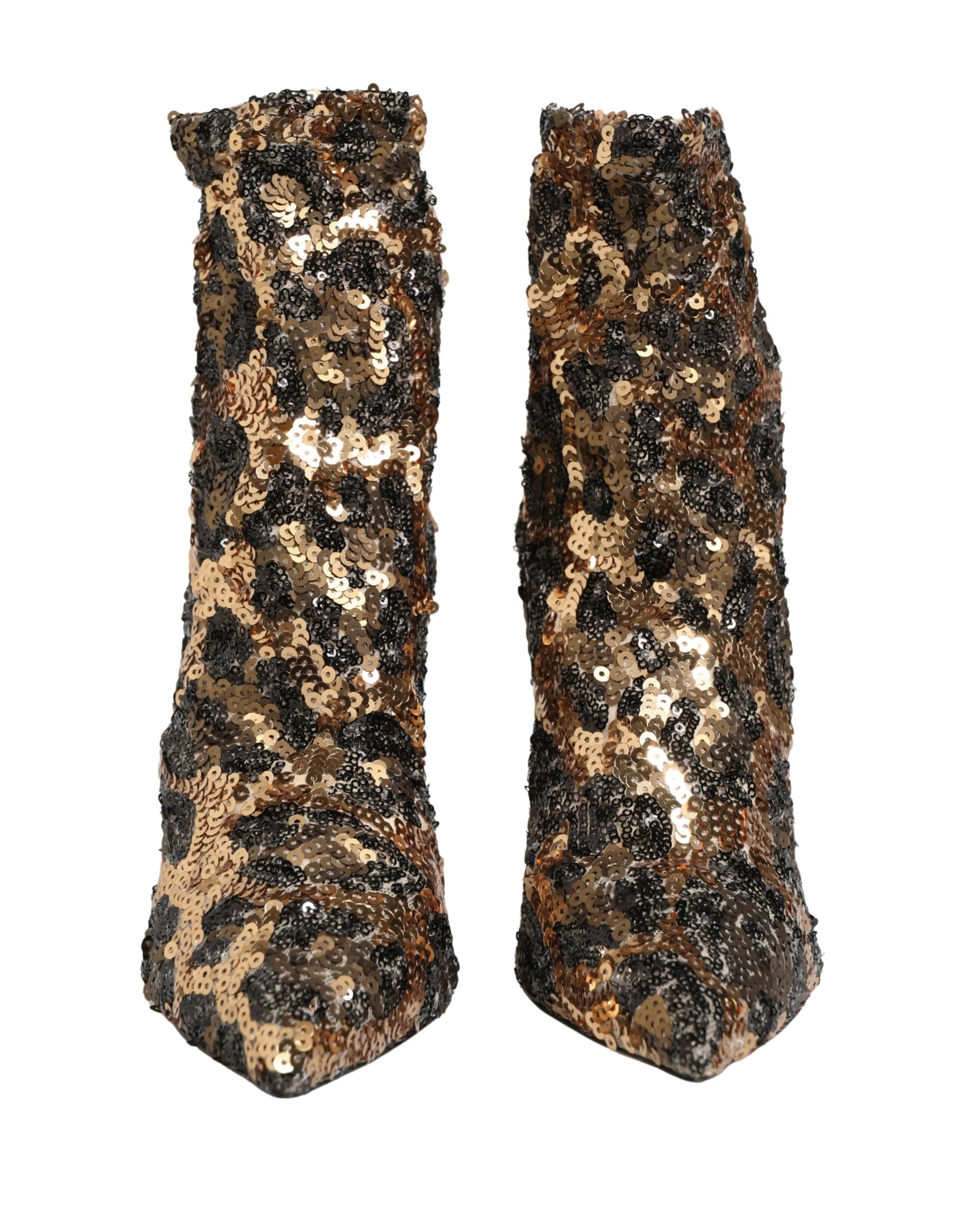Dolce & Gabbana Gold Leopard Sequin Sock Ankle Boots Shoes Dolce & Gabbana