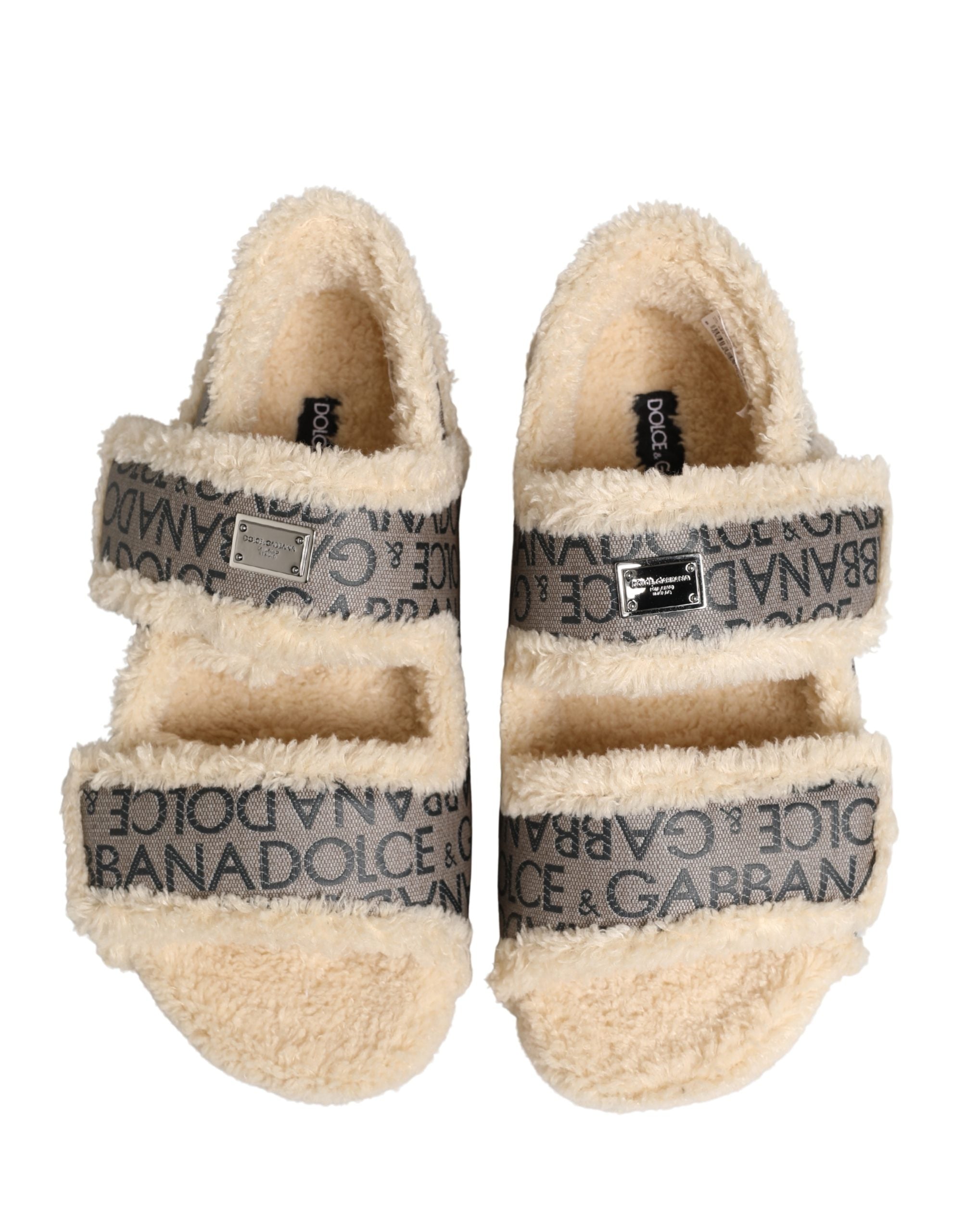 Dolce & Gabbana Beige Faux Fur Logo Print Flats Sandals Shoes Dolce & Gabbana