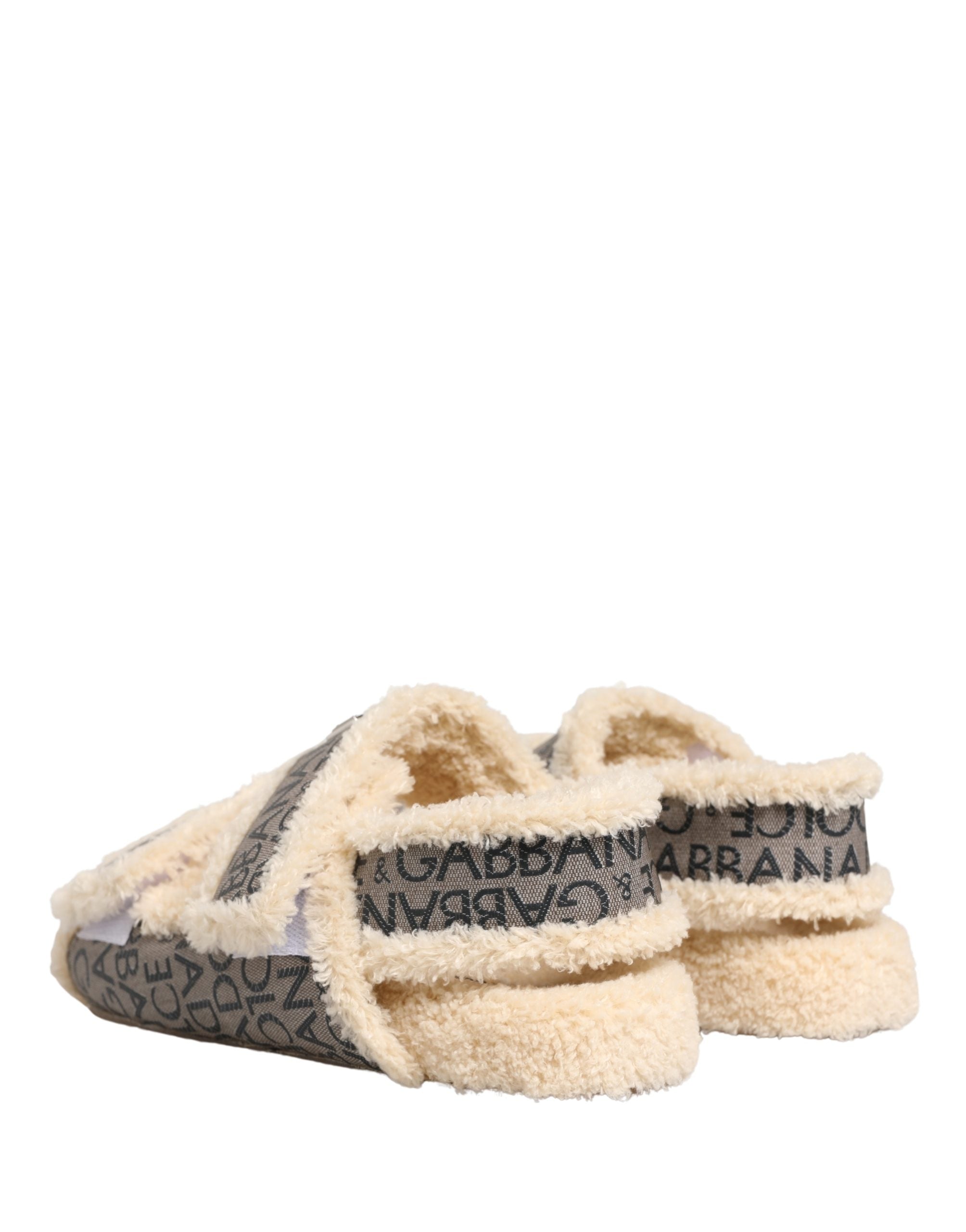Dolce & Gabbana Beige Faux Fur Logo Print Flats Sandals Shoes Dolce & Gabbana