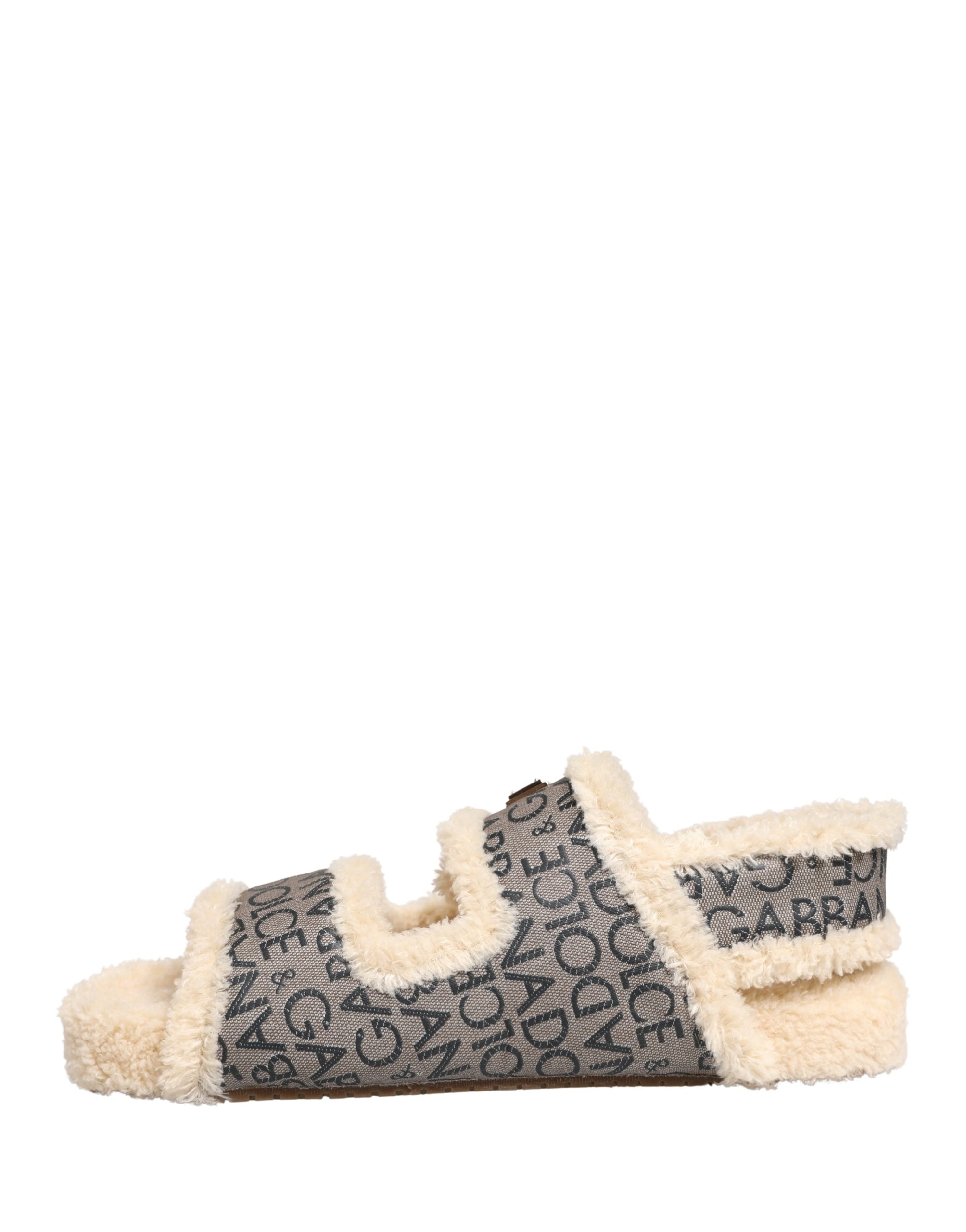 Dolce & Gabbana Beige Faux Fur Logo Print Flats Sandals Shoes Dolce & Gabbana