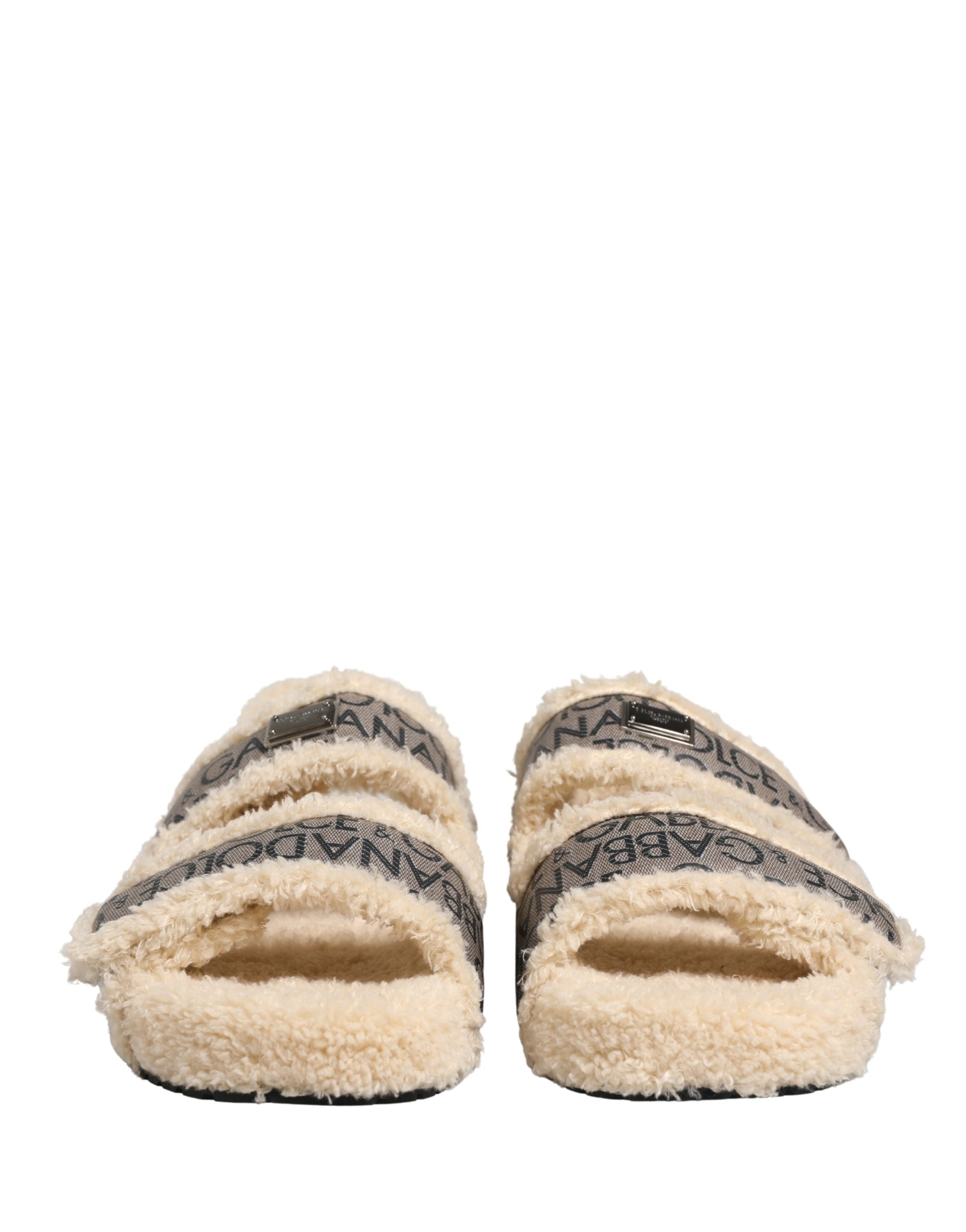 Dolce & Gabbana Beige Faux Fur Logo Print Flats Sandals Shoes Dolce & Gabbana