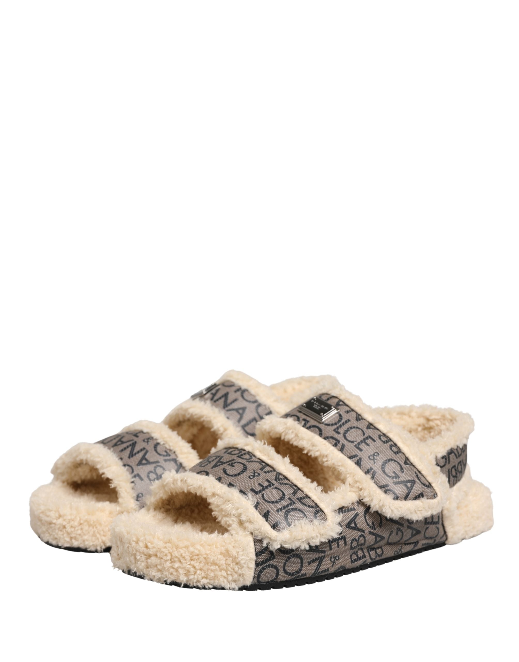 Dolce & Gabbana Beige Faux Fur Logo Print Flats Sandals Shoes Dolce & Gabbana