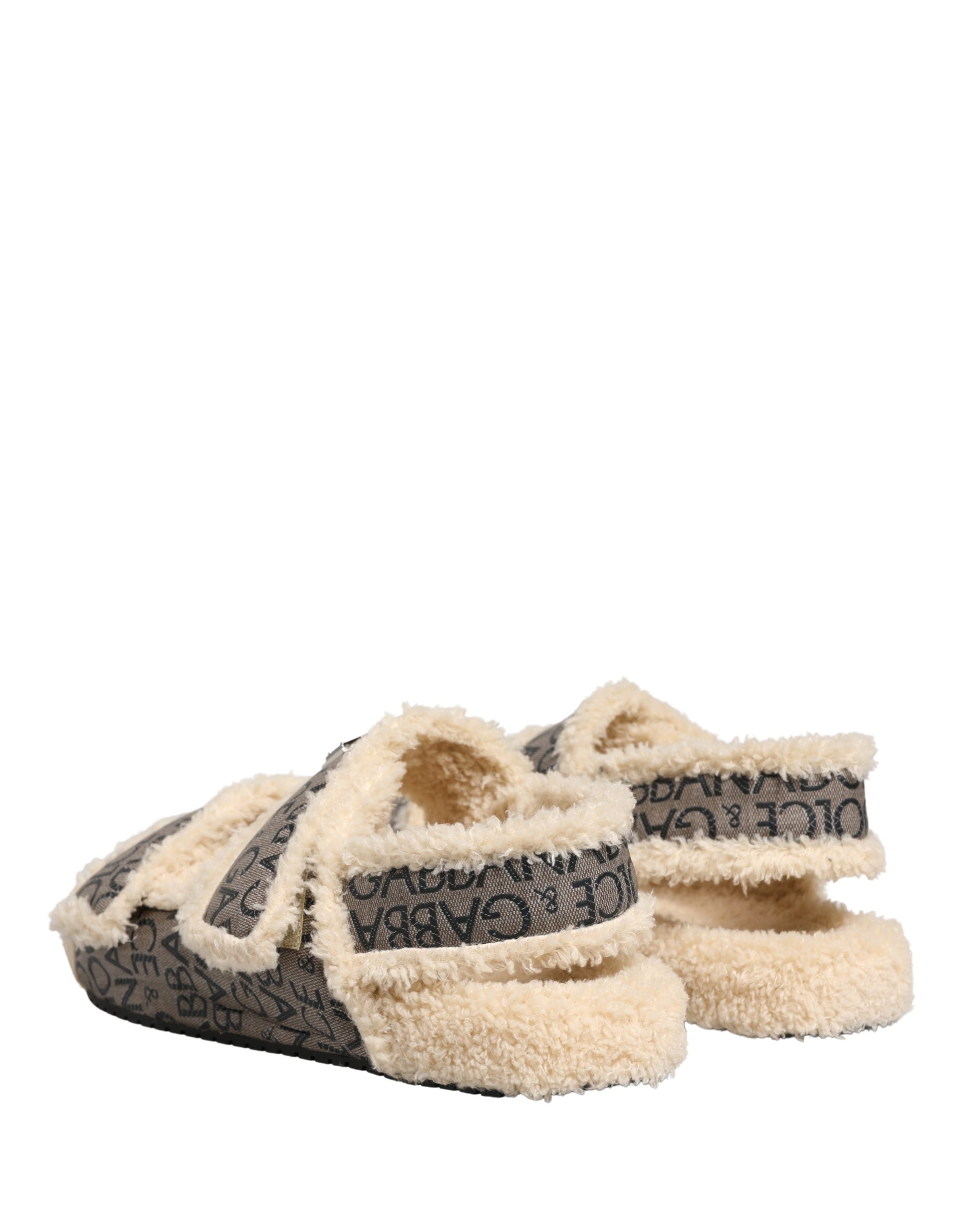 Dolce & Gabbana Beige Faux Fur Logo Print Flats Sandals Shoes Dolce & Gabbana