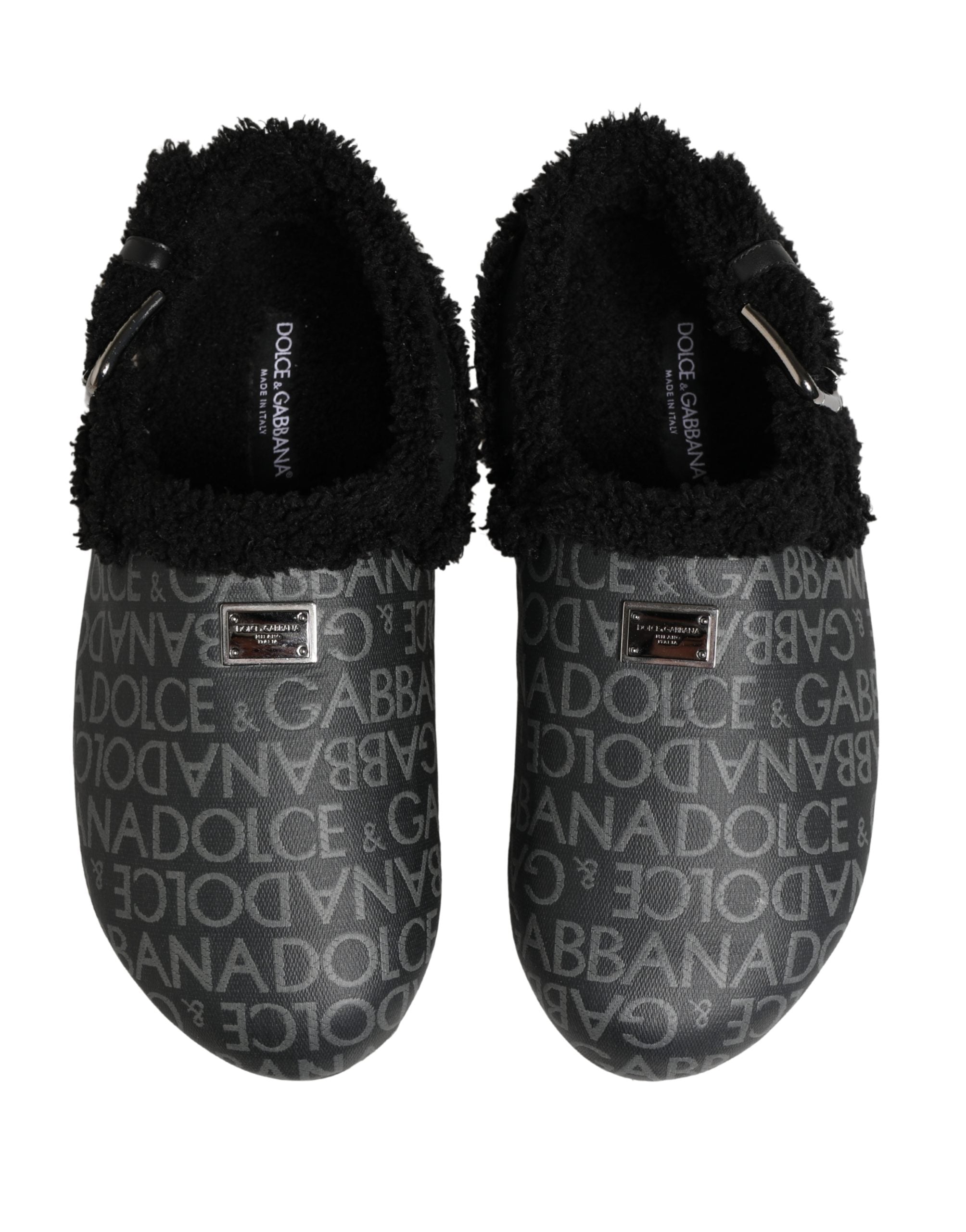 Dolce & Gabbana Gray Faux Fur Jacquard Mules Sandals Shoes Dolce & Gabbana