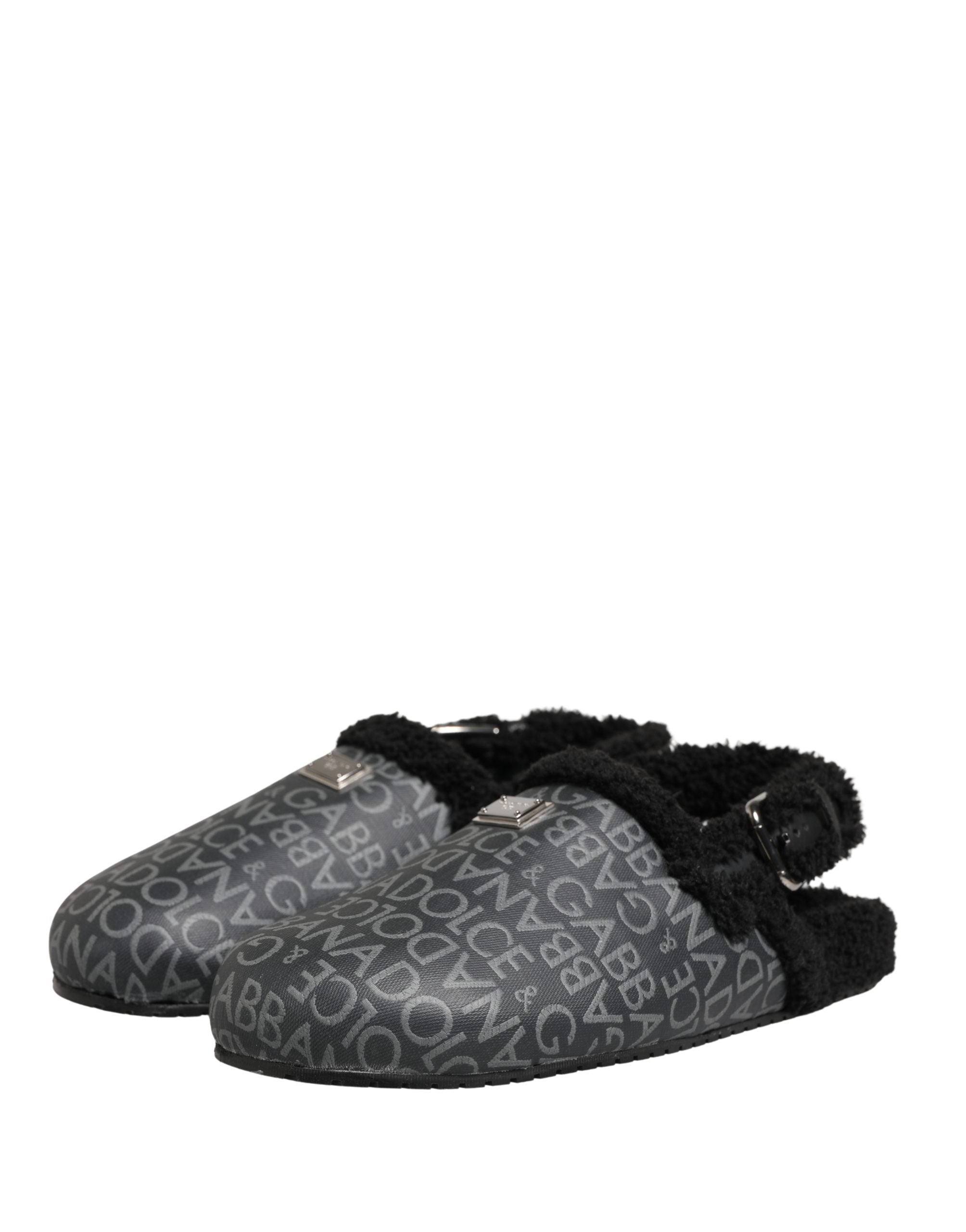 Dolce & Gabbana Gray Faux Fur Jacquard Mules Sandals Shoes Dolce & Gabbana