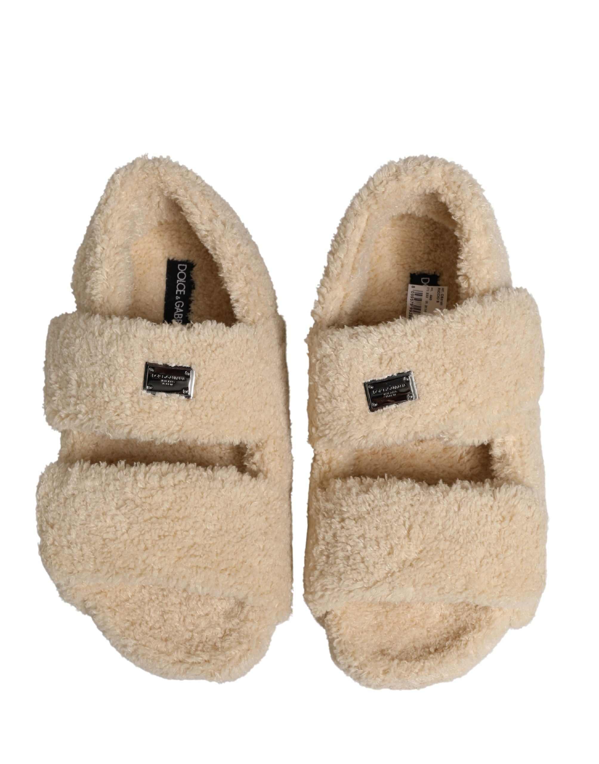 Dolce & Gabbana Beige Faux Fur Slides Men Flats Sandals Shoes Dolce & Gabbana