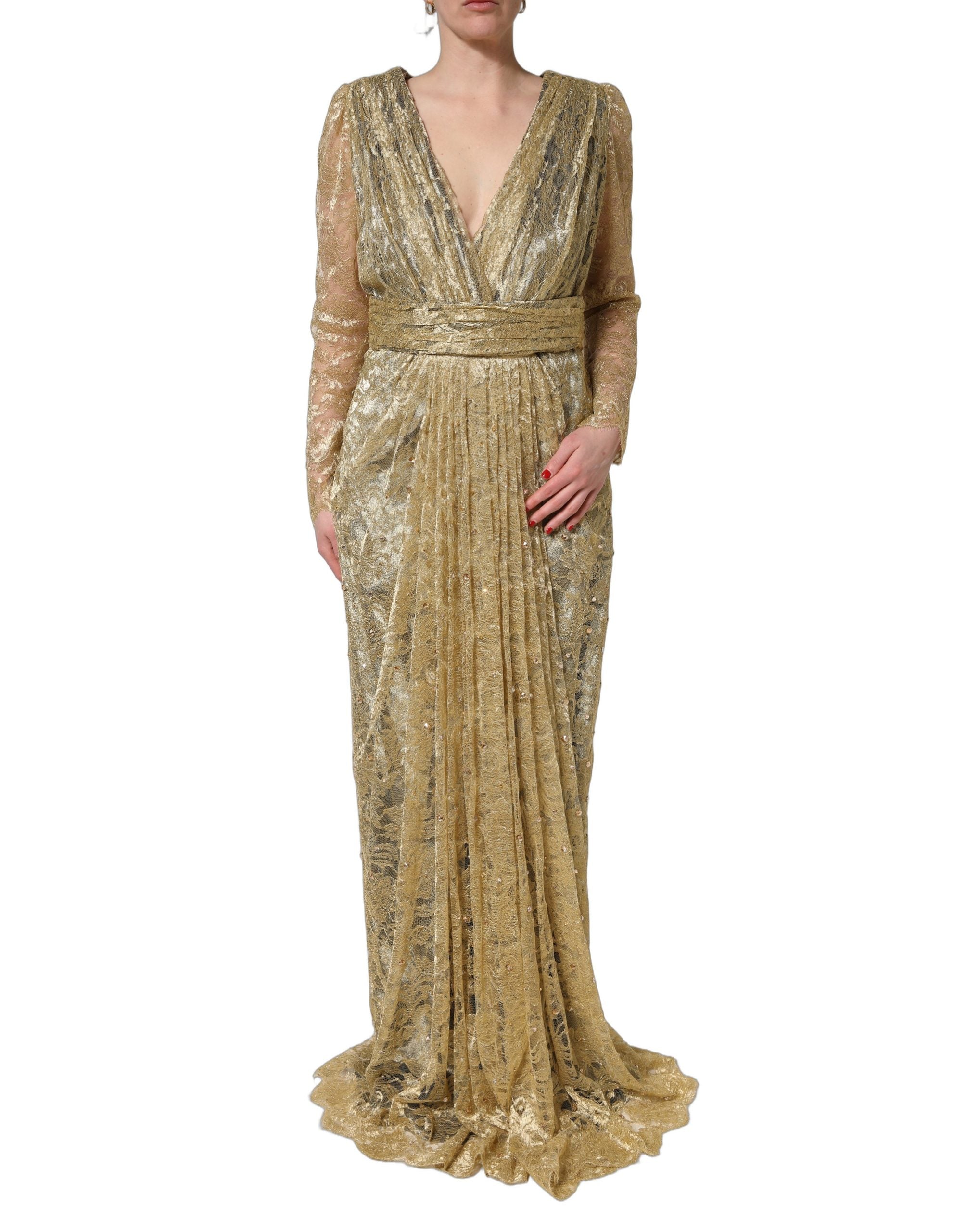 Dolce & Gabbana Gold Sheer Lace Crystal Embellished Dress Dolce & Gabbana