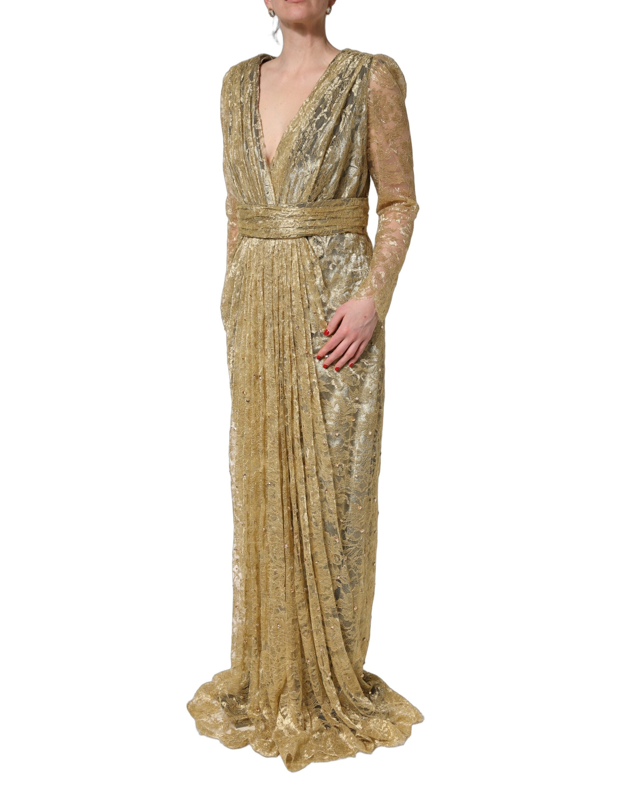 Dolce & Gabbana Gold Sheer Lace Crystal Embellished Dress Dolce & Gabbana