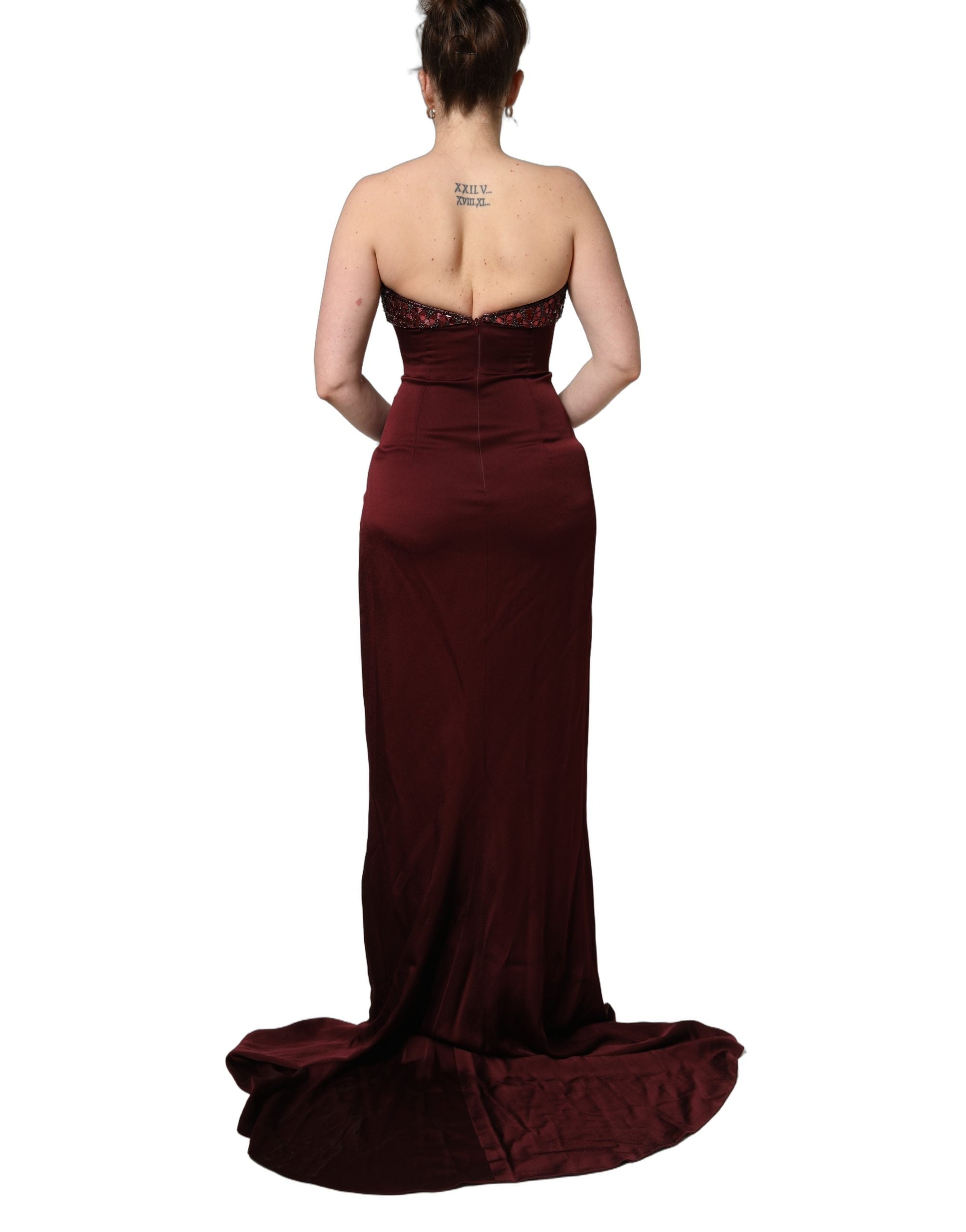Dolce & Gabbana Maroon Embellished Vneck Evening Gown Dress Dolce & Gabbana
