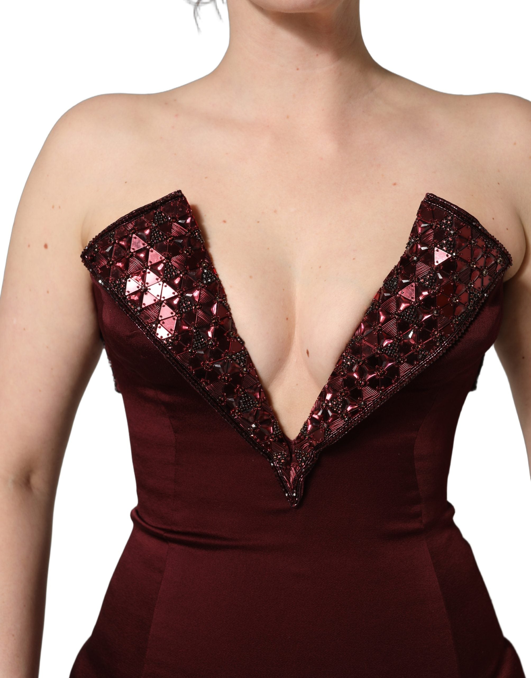 Dolce & Gabbana Maroon Embellished Vneck Evening Gown Dress Dolce & Gabbana