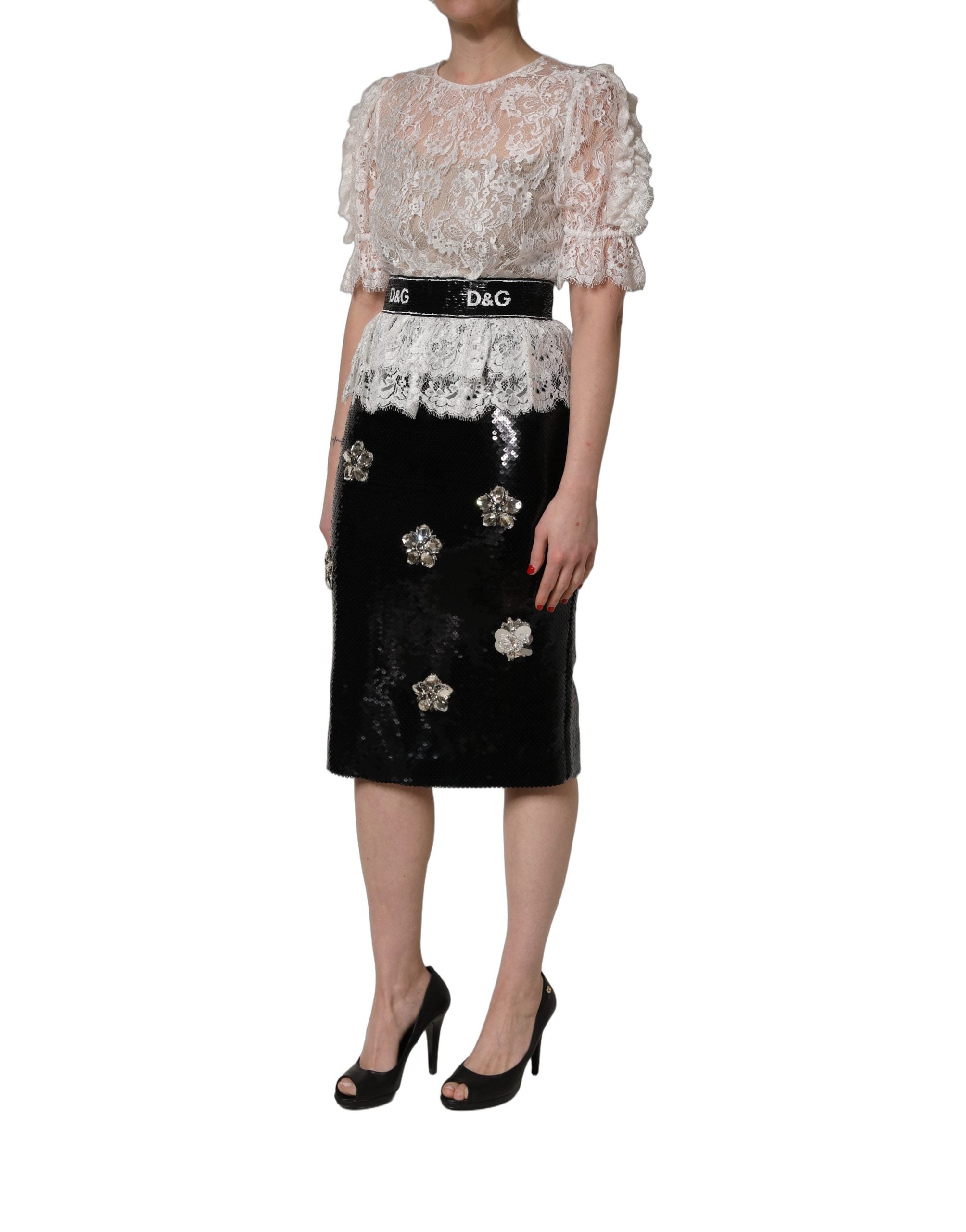 Dolce & Gabbana White Lace Top Embellished Black Skirt Dress Dolce & Gabbana