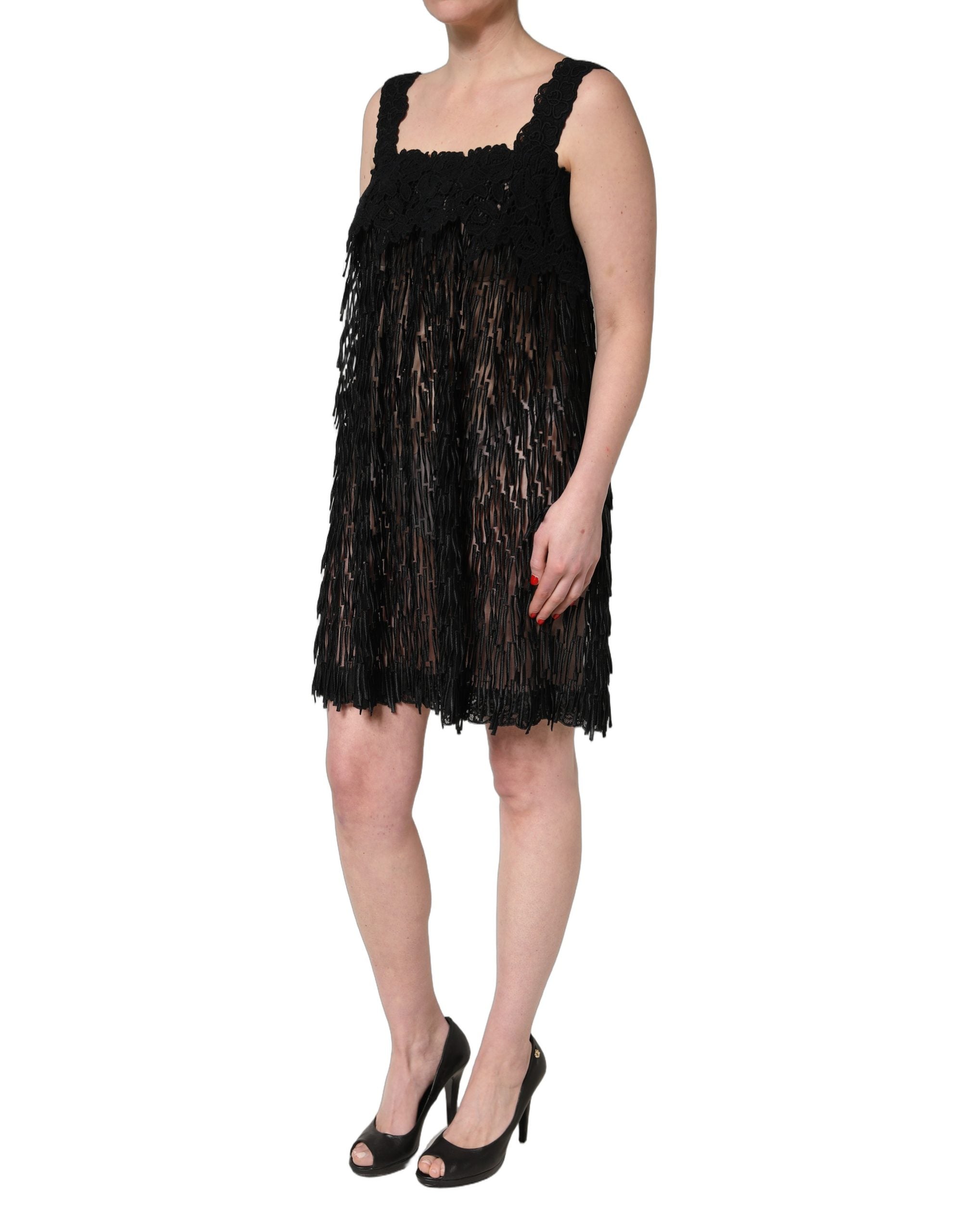 Dolce & Gabbana Black Viscose Fringed Sleeveless Mini Dress Dolce & Gabbana
