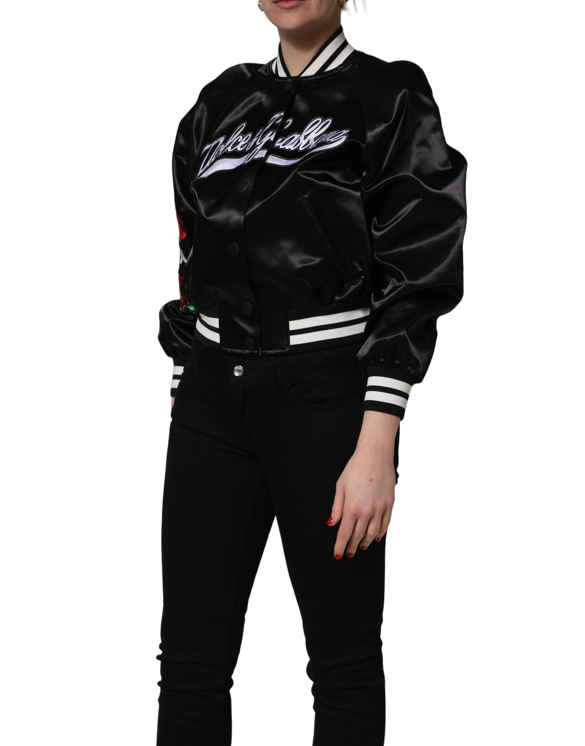 Dolce & Gabbana Black Satin Floral Embroidery Bomber Jacket Dolce & Gabbana