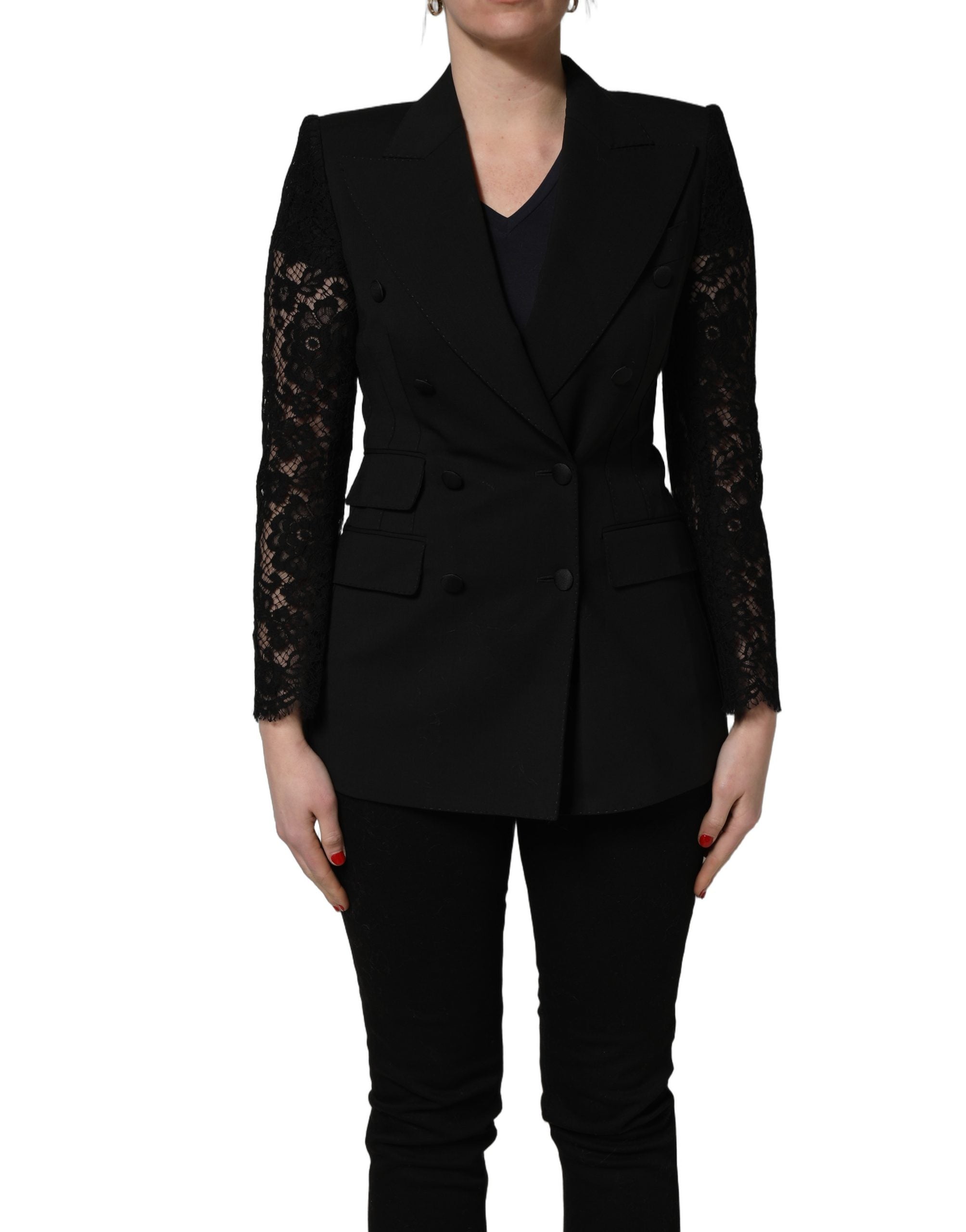 Dolce & Gabbana Black Wool DoubleBreasted Lace Sleeve Jacket Dolce & Gabbana