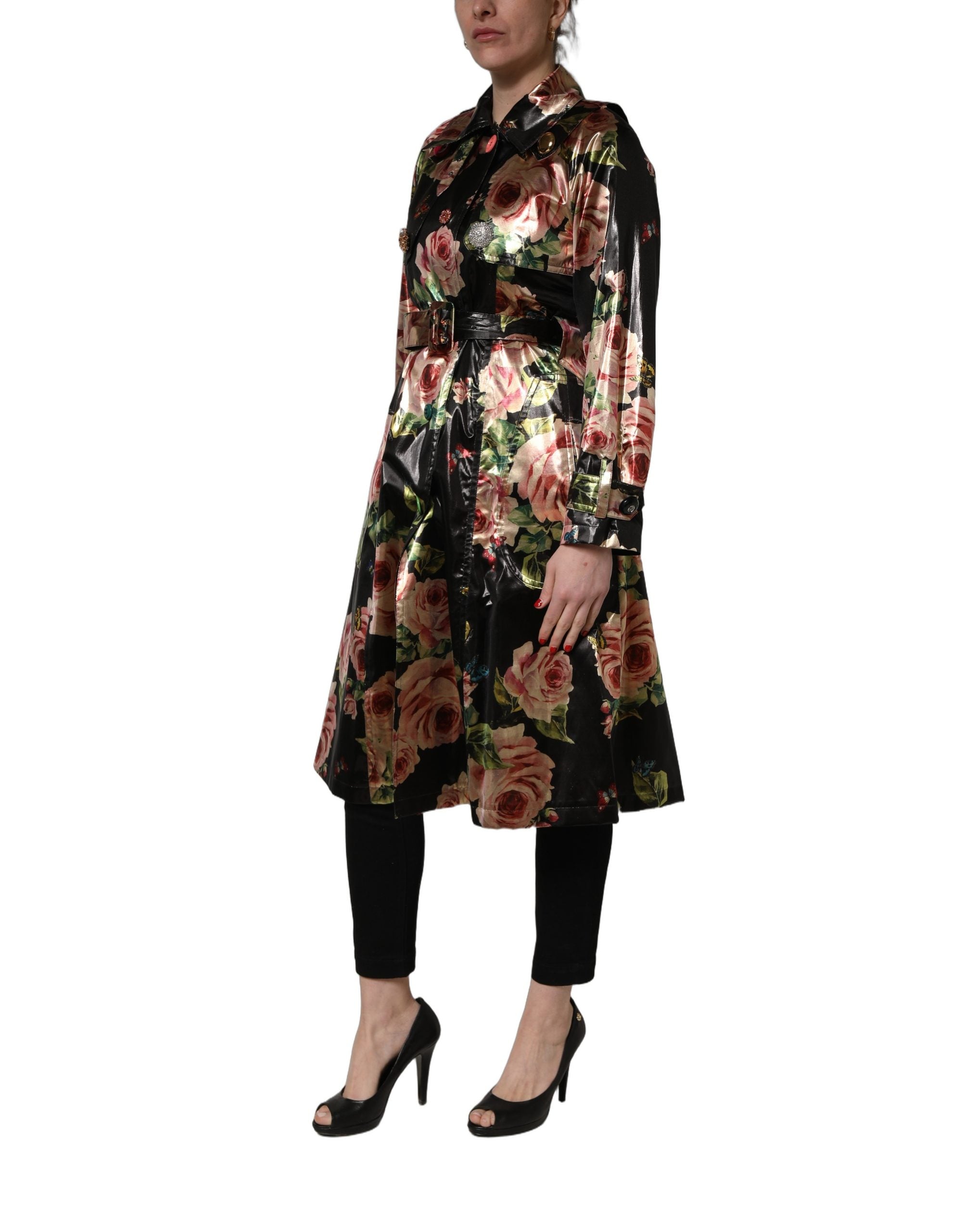Dolce & Gabbana Black Floral Belted Polyester Trench Coat Jacket Dolce & Gabbana