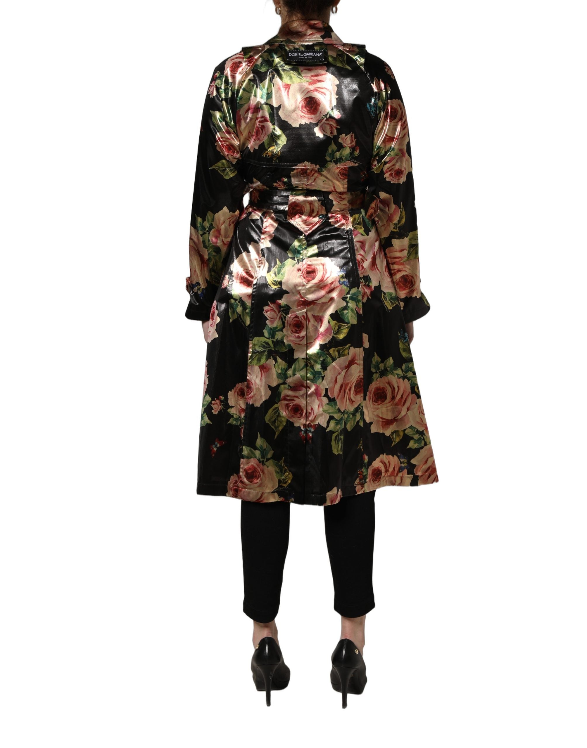 Dolce & Gabbana Black Floral Belted Polyester Trench Coat Jacket Dolce & Gabbana