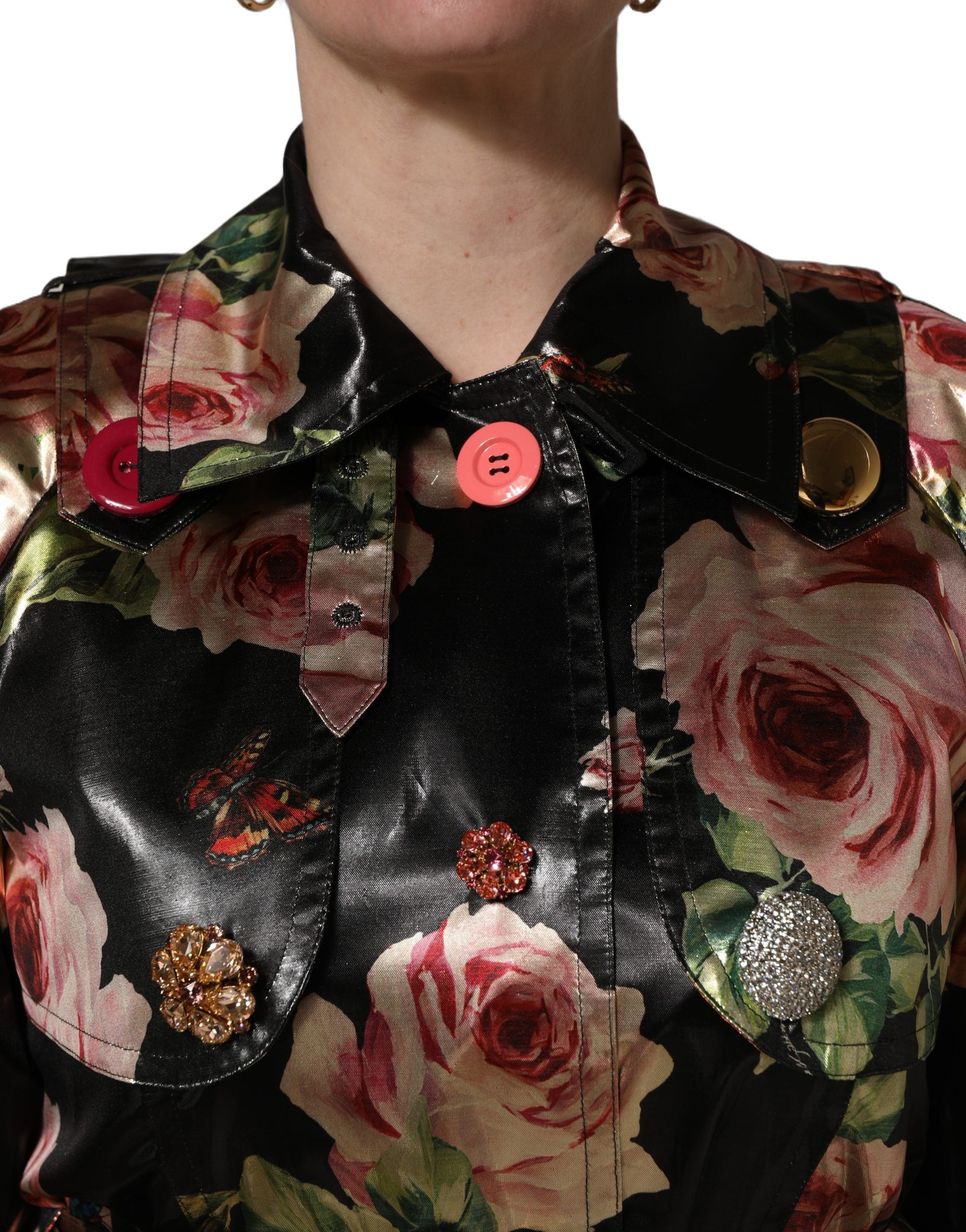 Dolce & Gabbana Black Floral Belted Polyester Trench Coat Jacket Dolce & Gabbana