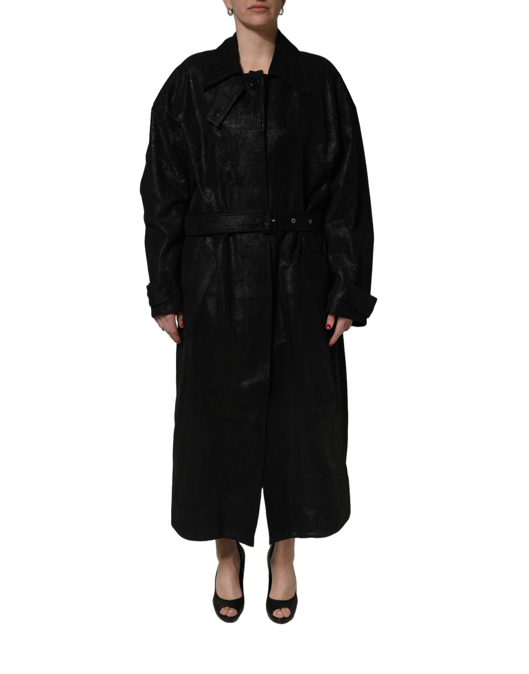Dolce & Gabbana Black Belted Sheepskin Trench Coat Jacket Dolce & Gabbana