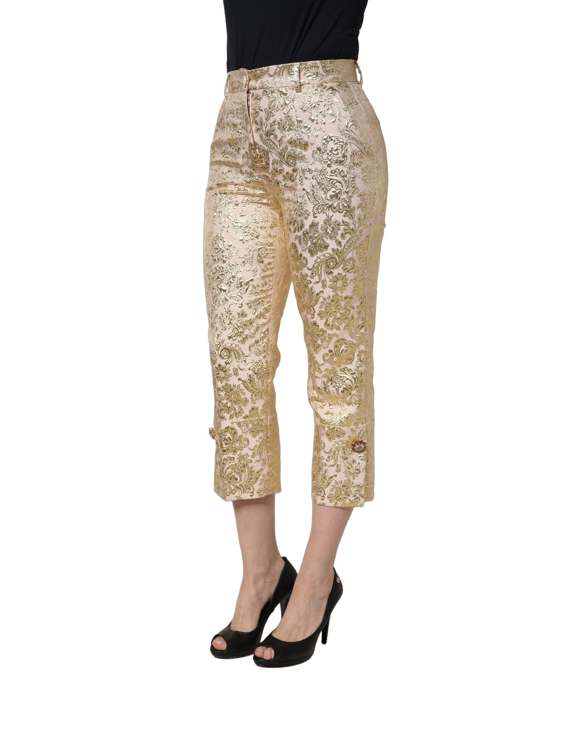 Dolce & Gabbana Gold Jacquard Floral Lamé Crop Trouser Pants
