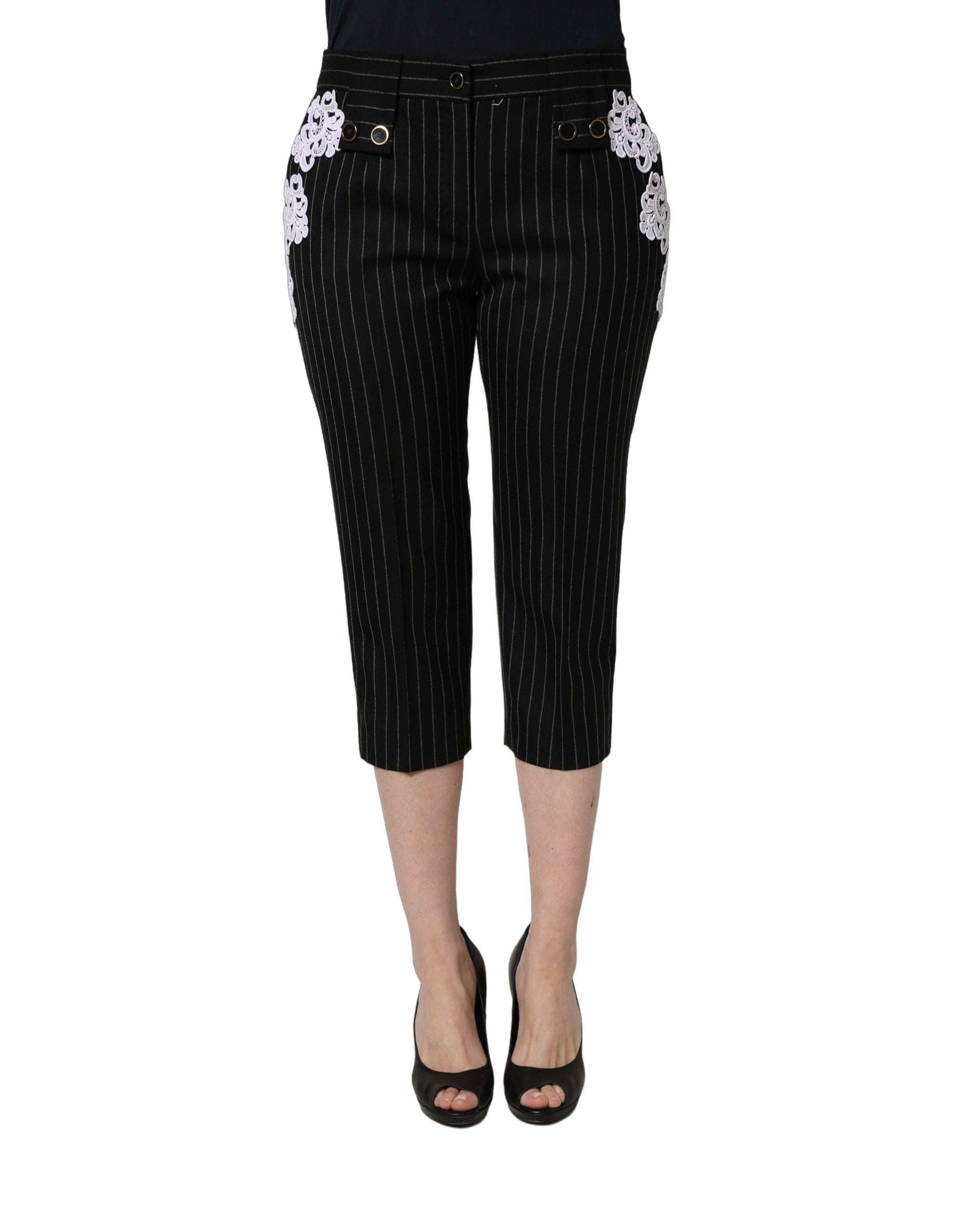 Dolce & Gabbana Black Lace Applique Pinstripe Cropped Pants Dolce & Gabbana