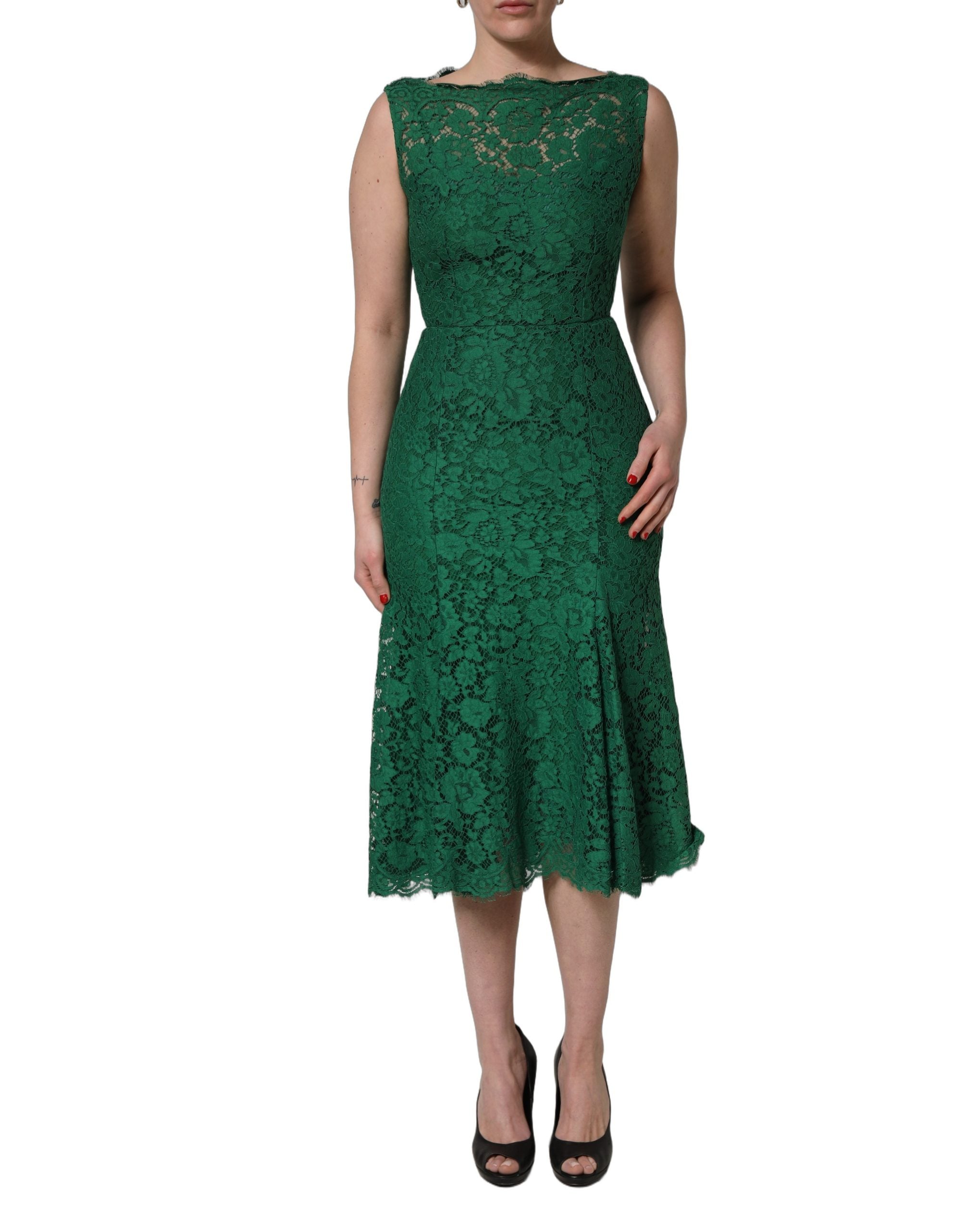 Dolce & Gabbana Green Floral Lace Cotton Sleeveless Midi Dress Dolce & Gabbana