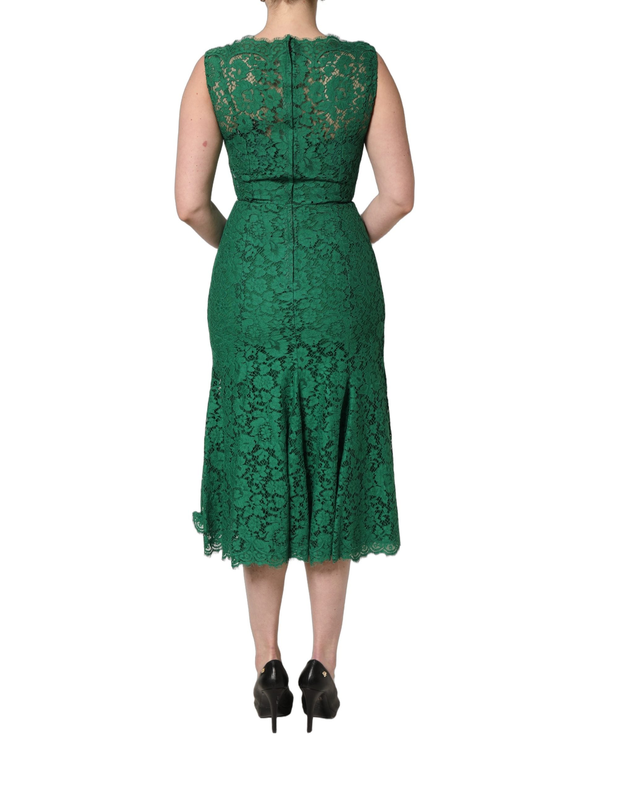 Dolce & Gabbana Green Floral Lace Cotton Sleeveless Midi Dress Dolce & Gabbana