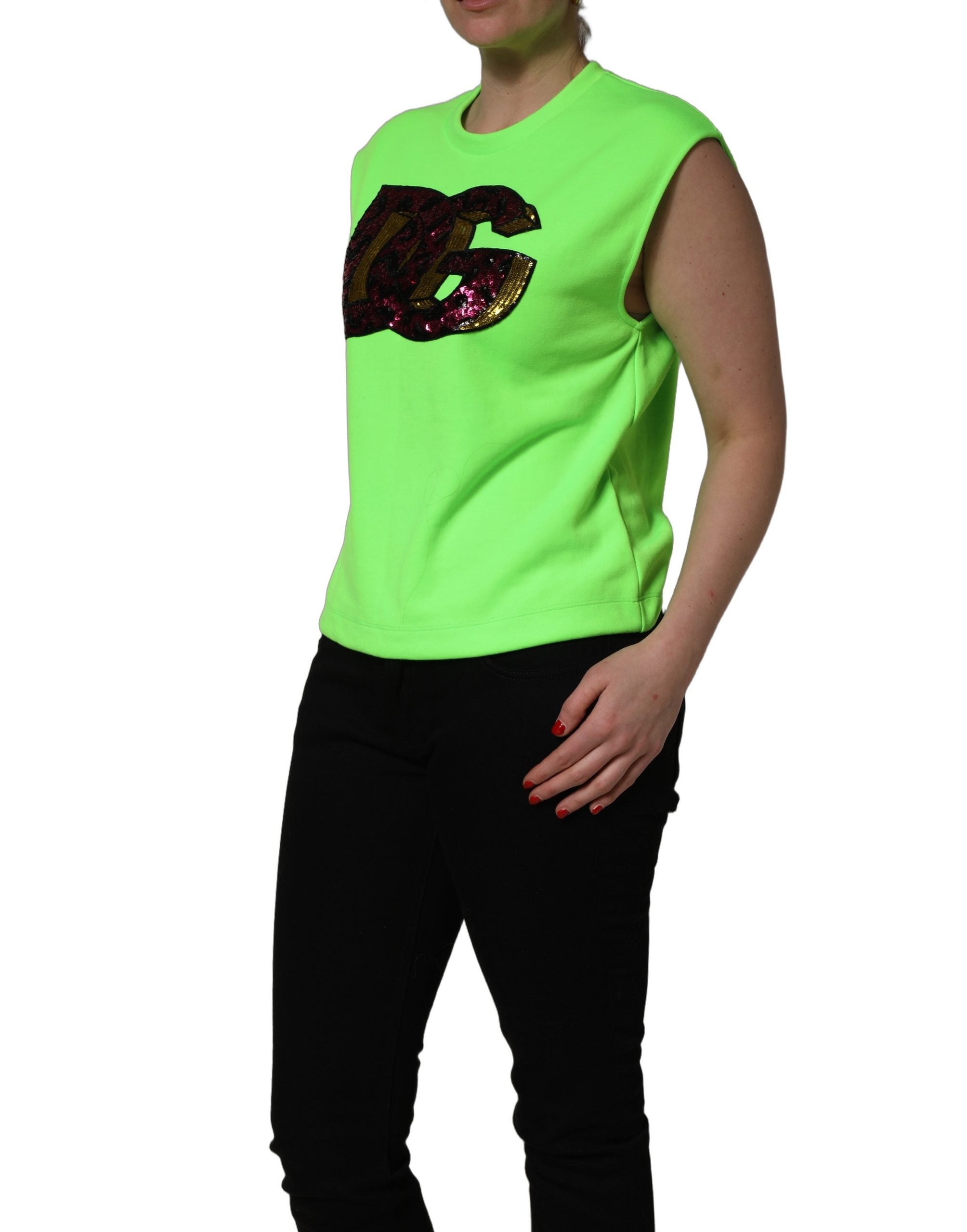 Dolce & Gabbana Neon Green DG Sequined Sleeveless Jersey Top Dolce & Gabbana