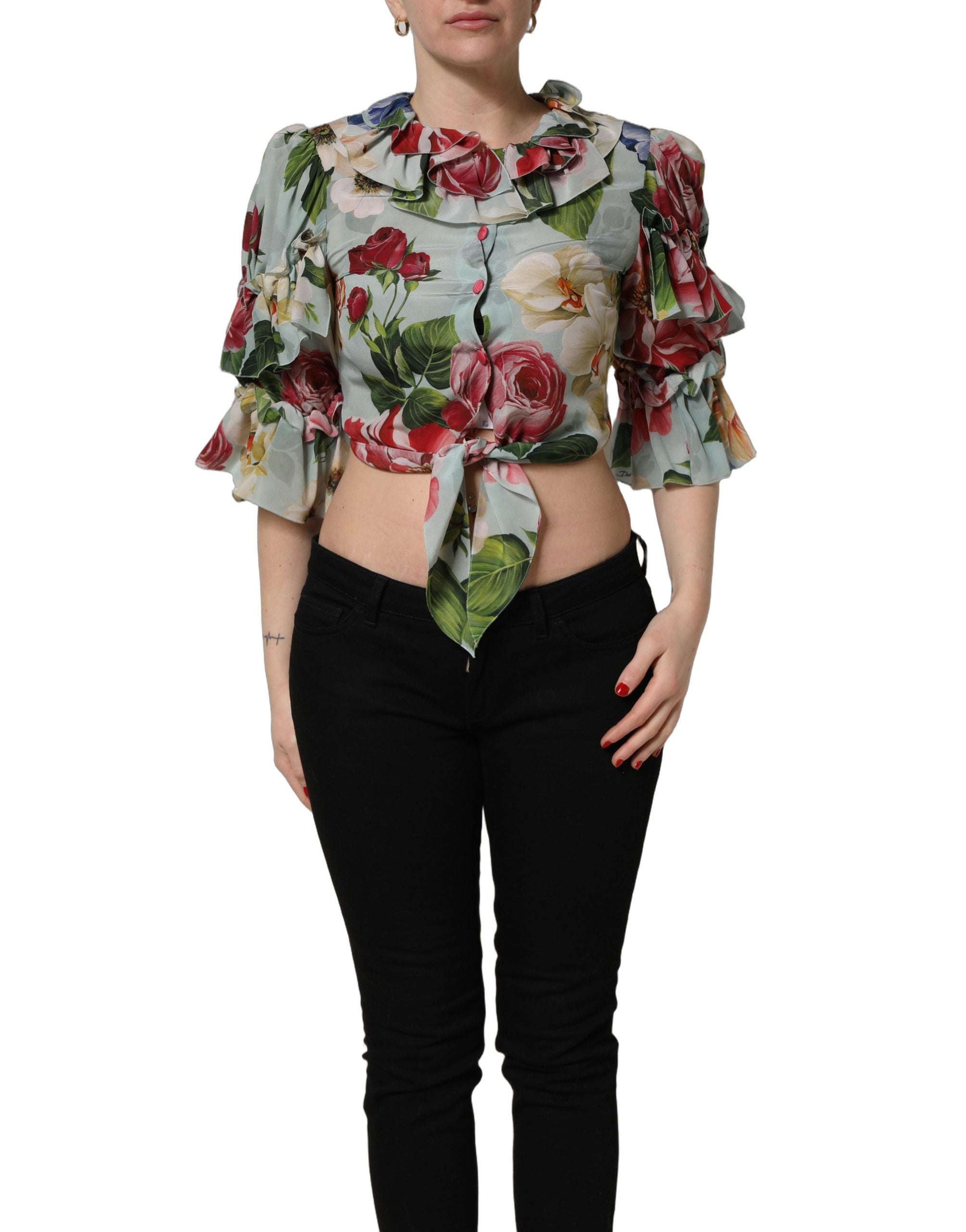 Dolce & Gabbana Multicolor Floral Silk Cropped Shirt Top Dolce & Gabbana