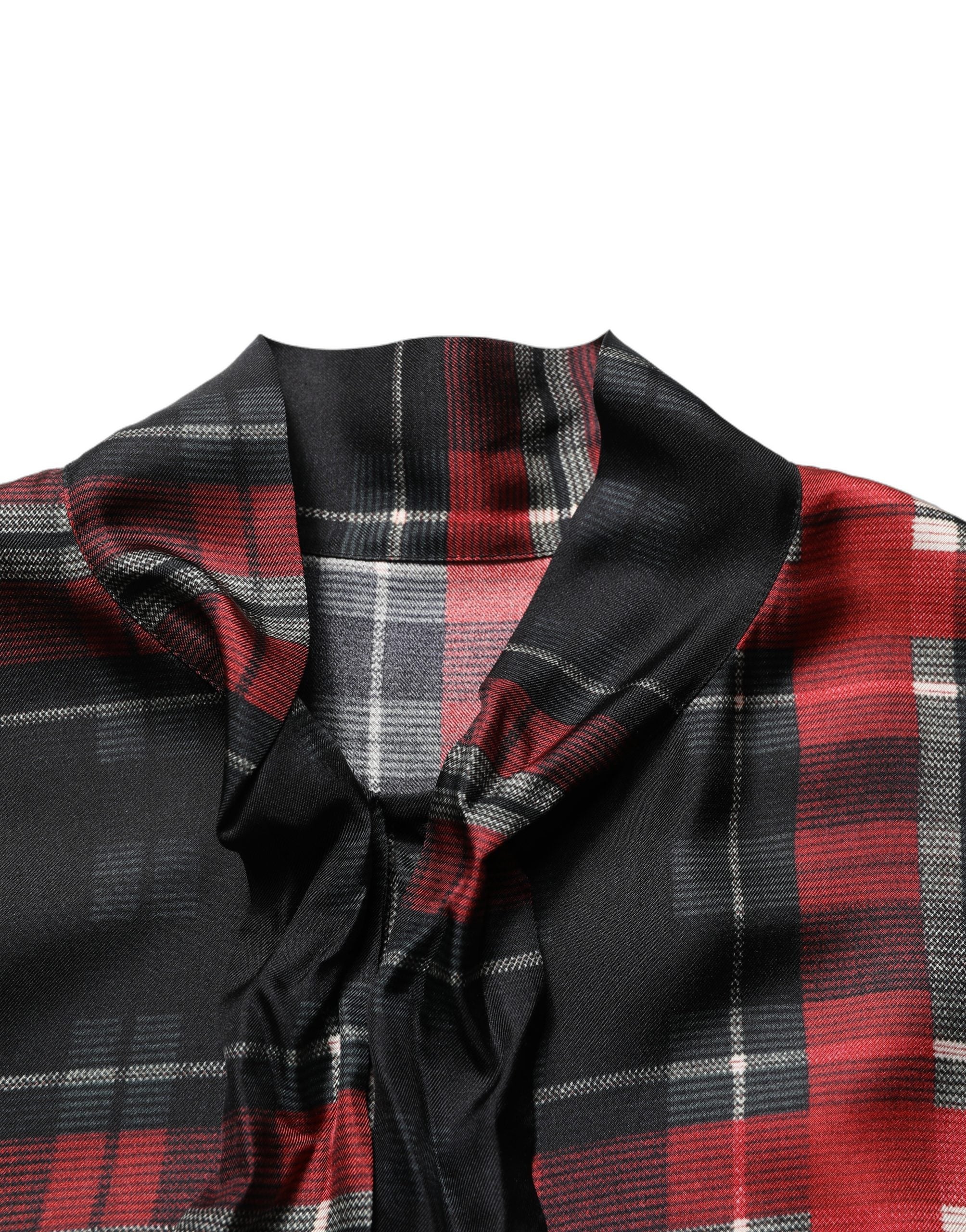 Dolce & Gabbana Red Black Plaid Silk Tie-Neck Blouse Top Dolce & Gabbana