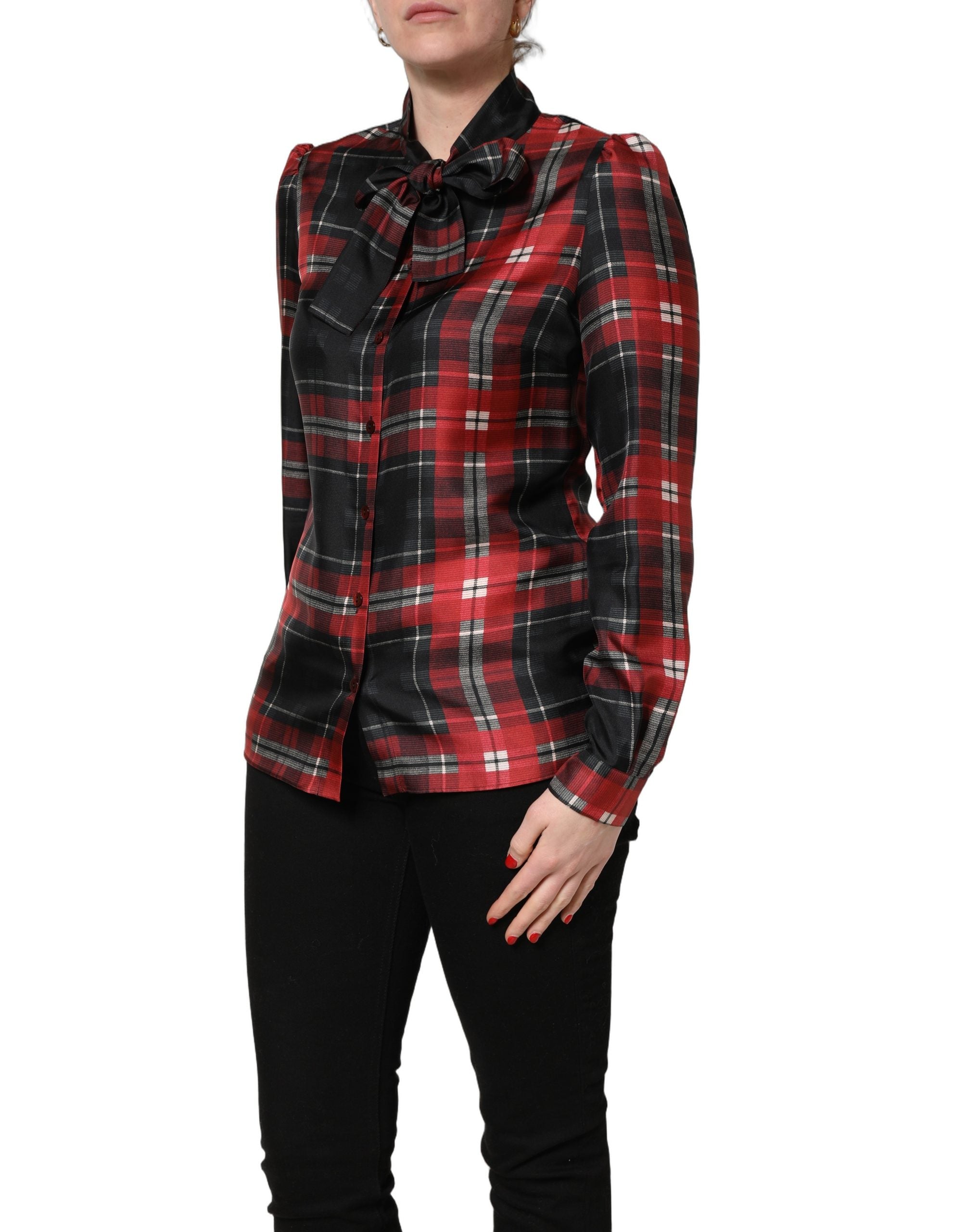 Dolce & Gabbana Red Black Plaid Silk Tie-Neck Blouse Top Dolce & Gabbana
