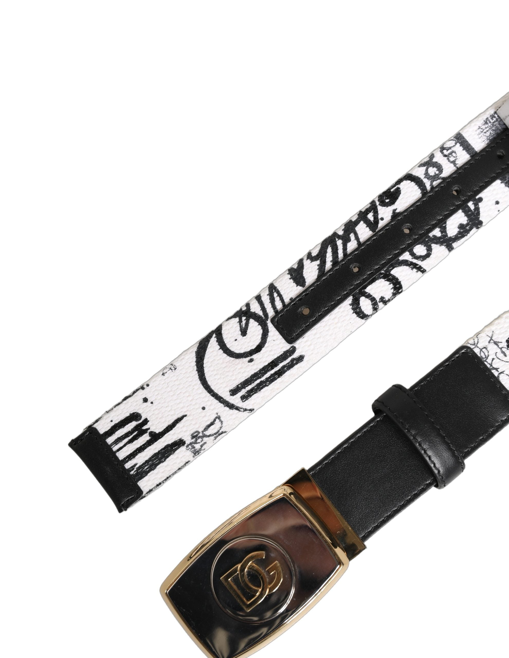 Dolce & Gabbana White Graffiti Print Gold Metal Buckle Belt Dolce & Gabbana