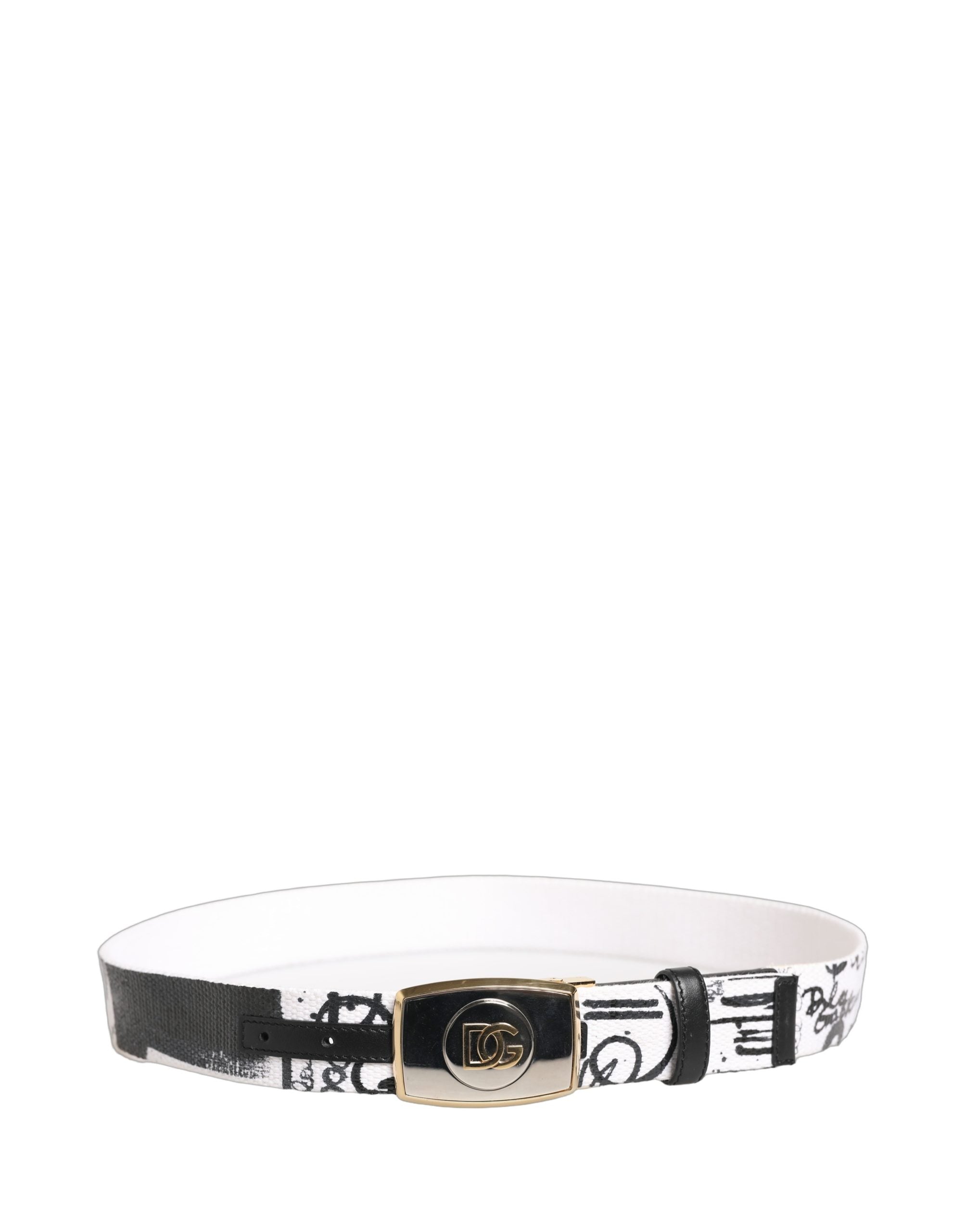 Dolce & Gabbana White Graffiti Print Gold Metal Buckle Belt Dolce & Gabbana