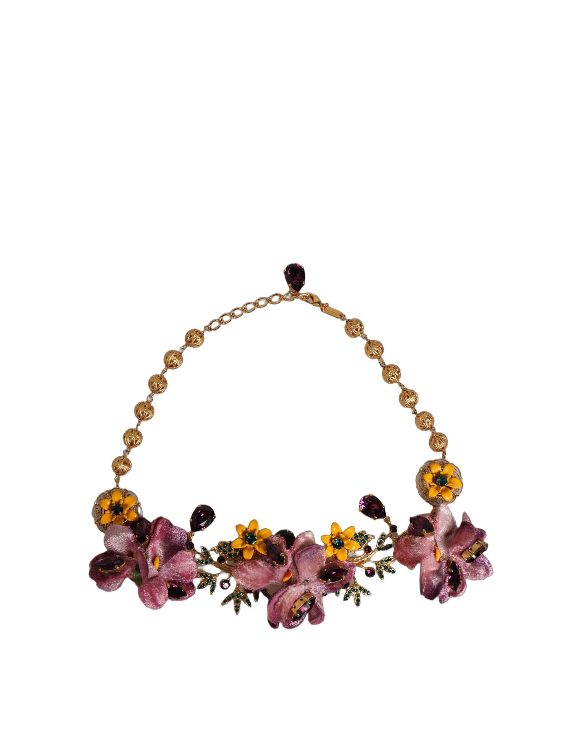 Dolce & Gabbana Gold Brass Mix Fiori Flowers Crystal Chain Necklace Dolce & Gabbana