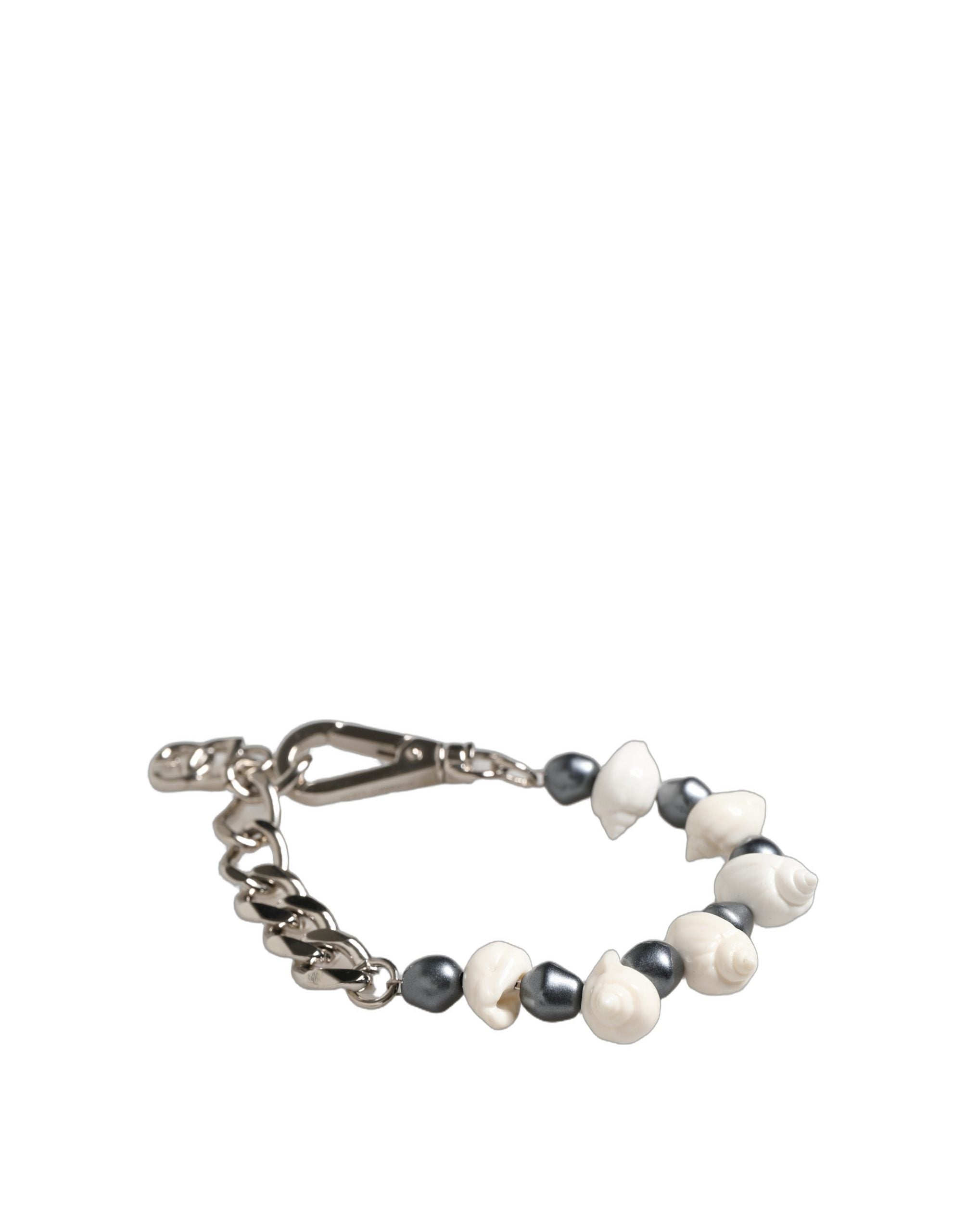 Dolce & Gabbana Silver Tone Brass Beaded Shell DG Logo Pendant Bracelet Dolce & Gabbana