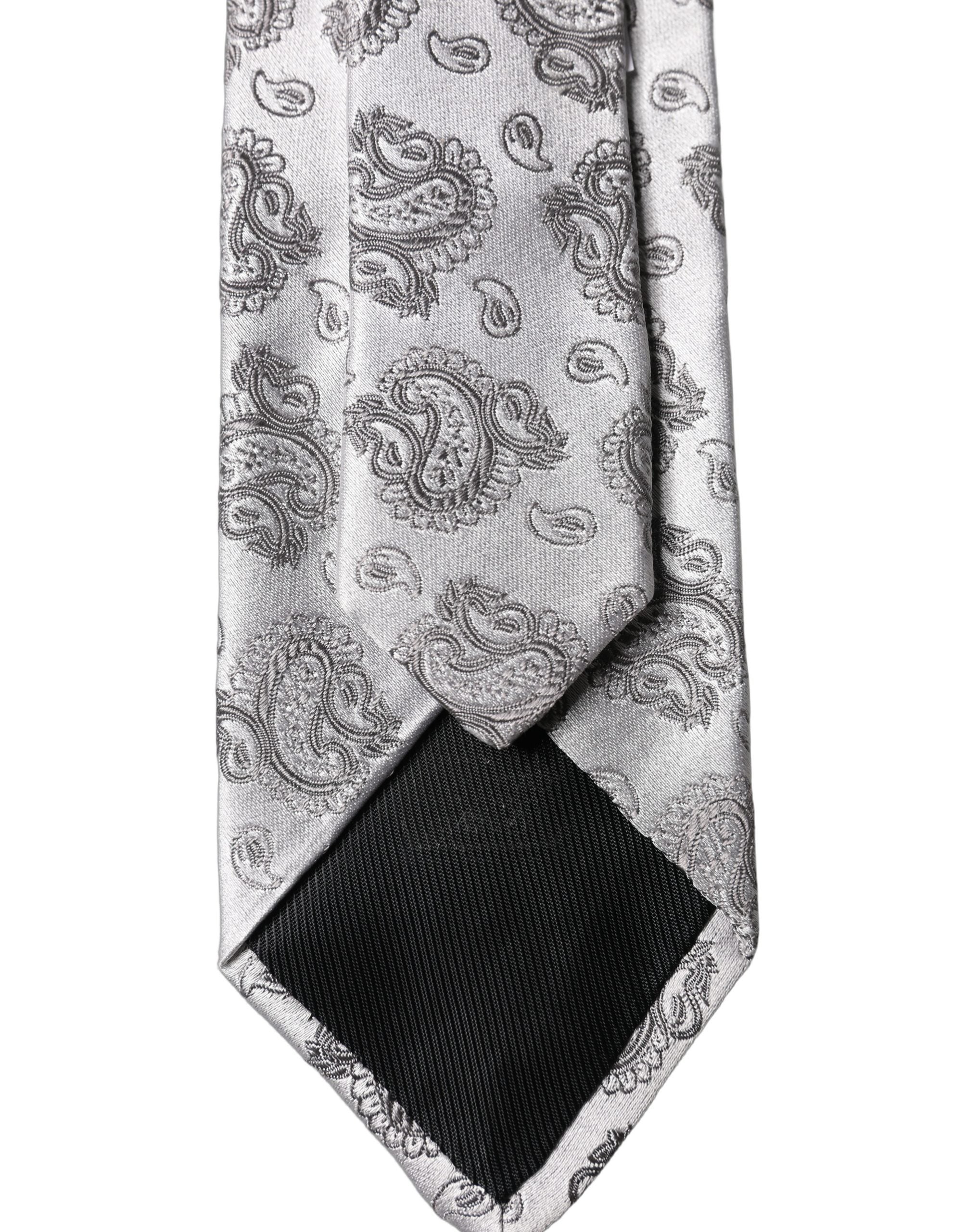 Dolce & Gabbana Silver Gray Paisley Silk Adjustable Men Tied Necktie Tie Dolce & Gabbana