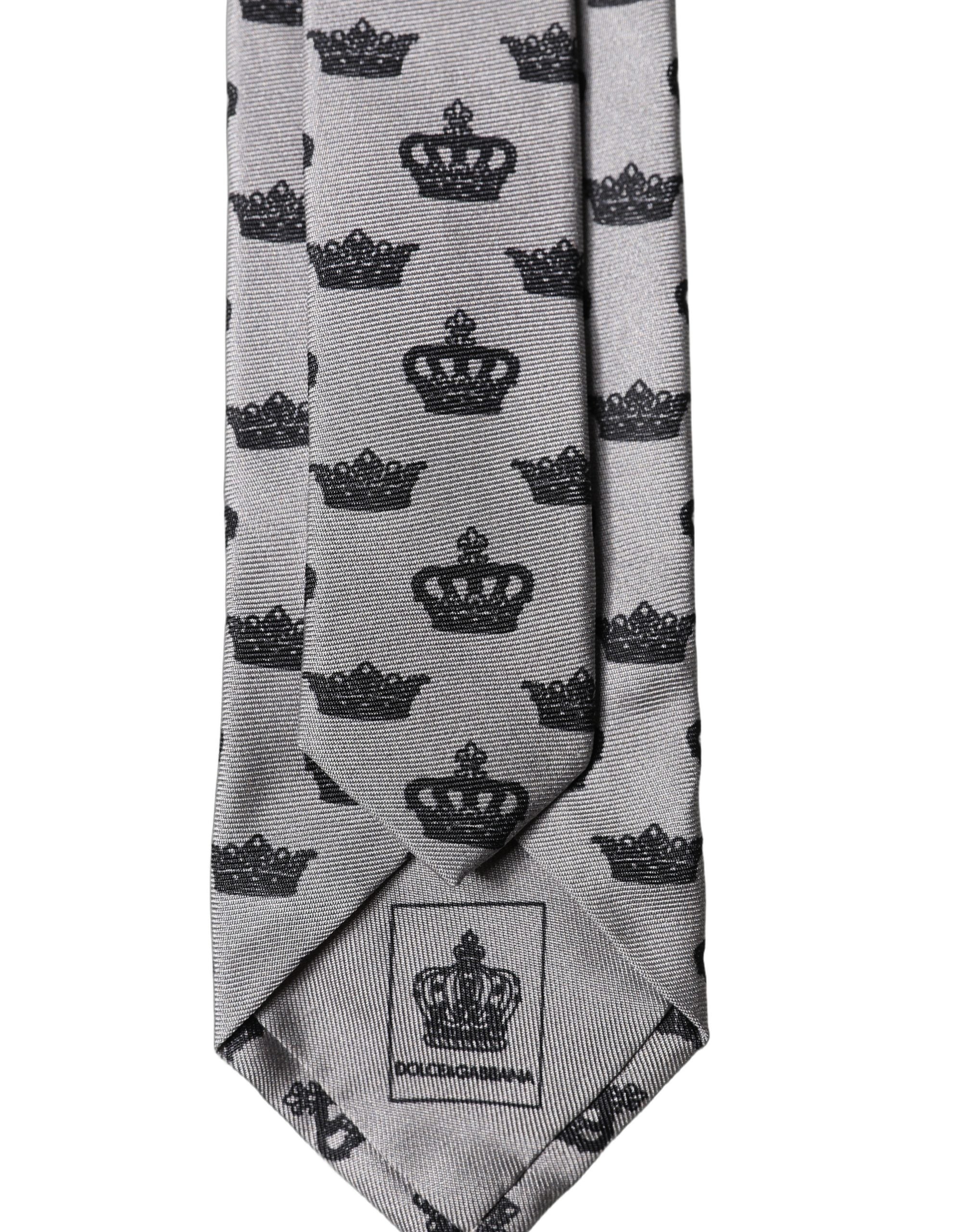 Dolce & Gabbana Gray Crown Fantasy Silk Adjustable Men Tied Necktie Tie Dolce & Gabbana
