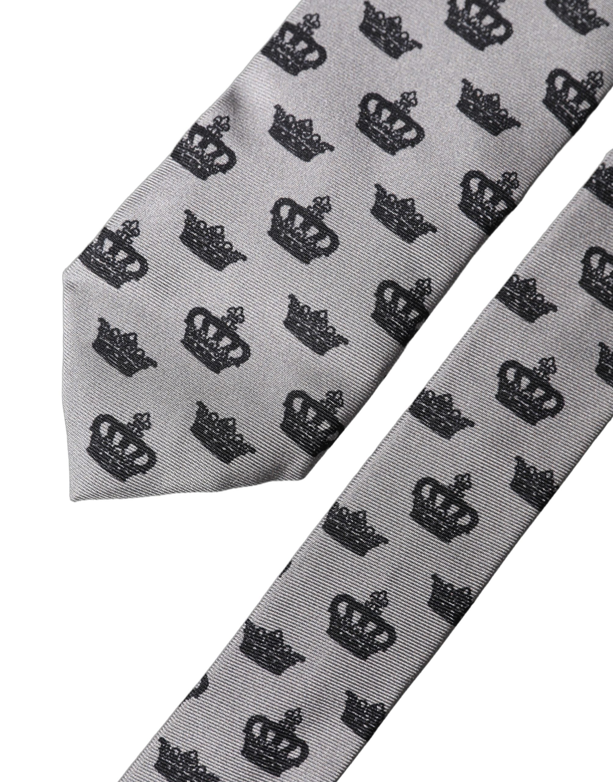 Dolce & Gabbana Gray Crown Fantasy Silk Adjustable Men Tied Necktie Tie Dolce & Gabbana