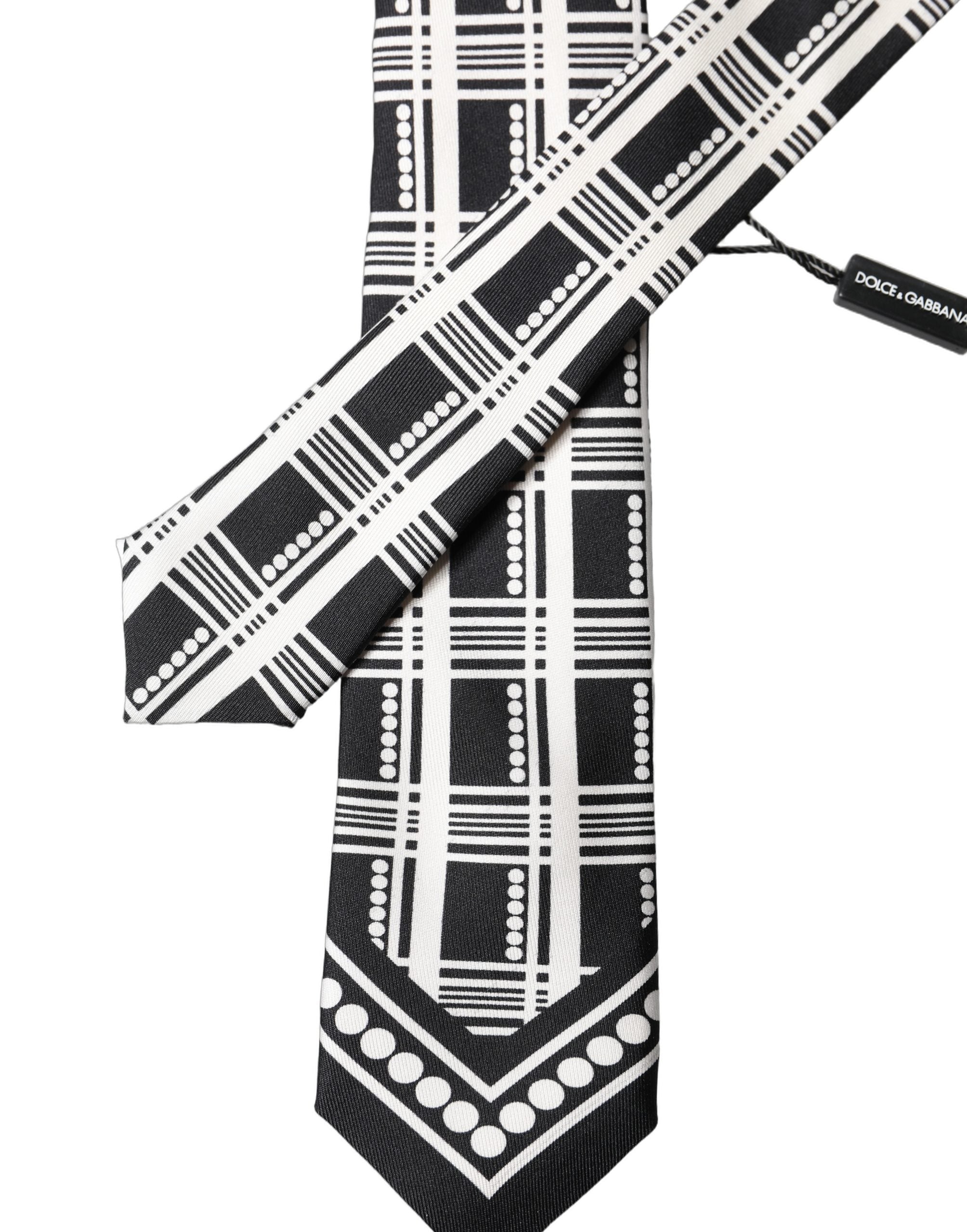Dolce & Gabbana Black White Abstract Silk Adjustable Men Tied Necktie Tie Dolce & Gabbana