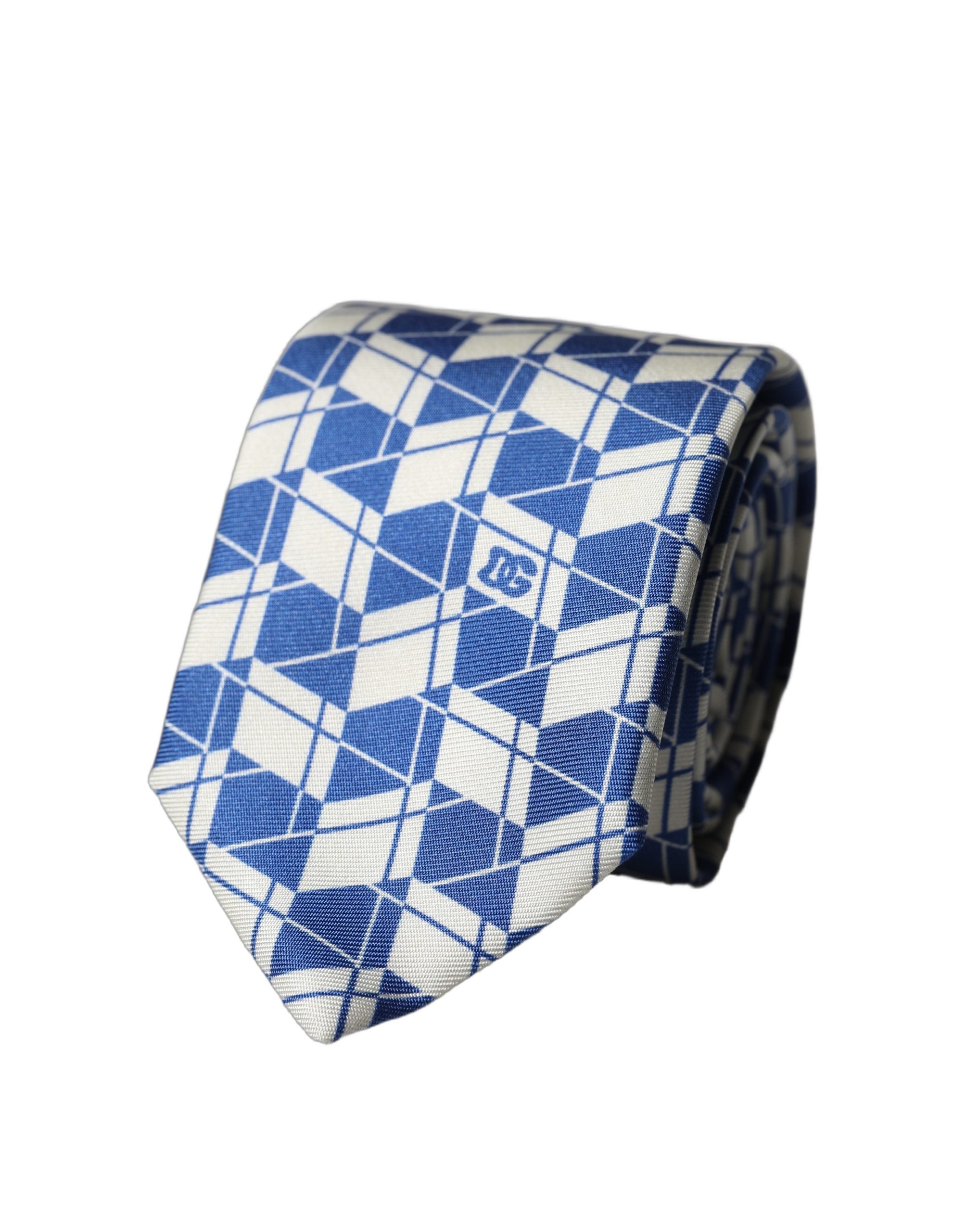 Dolce & Gabbana Blue White Geometric Silk Adjustable Men Tied Necktie Tie Dolce & Gabbana