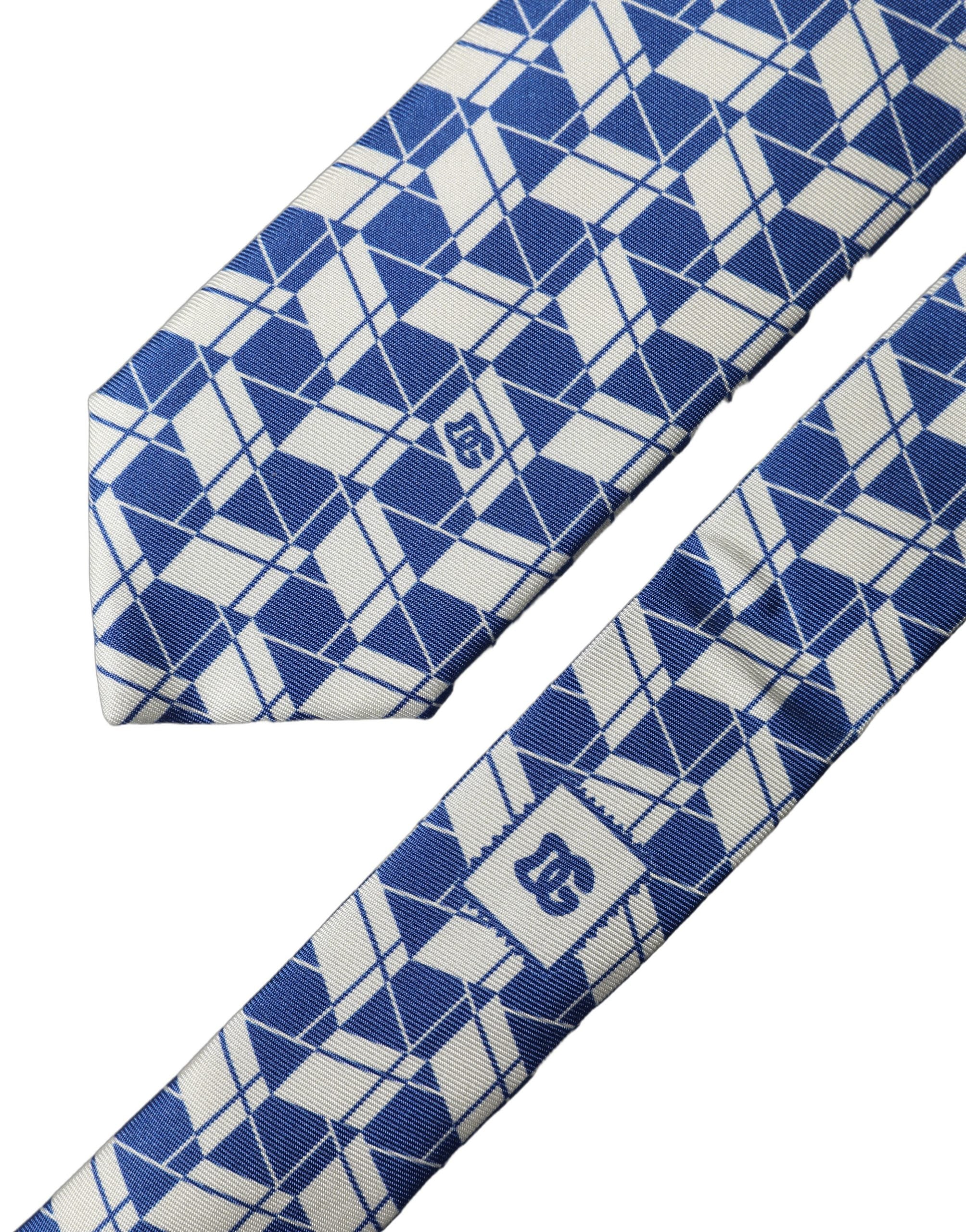 Dolce & Gabbana Blue White Geometric Silk Adjustable Men Tied Necktie Tie Dolce & Gabbana
