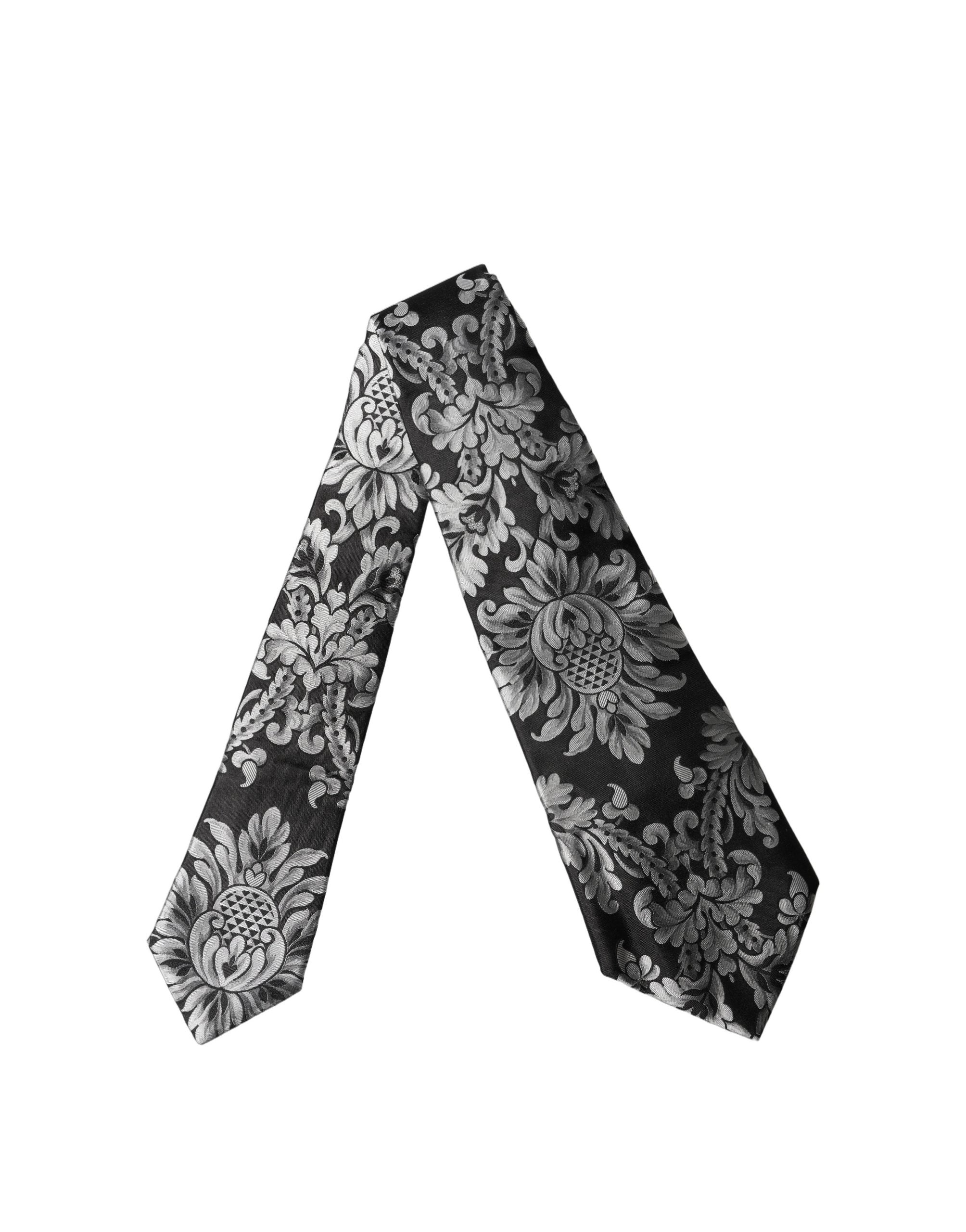 Dolce & Gabbana Black Silver Floral Silk Adjustable Women Necktie Tie Dolce & Gabbana